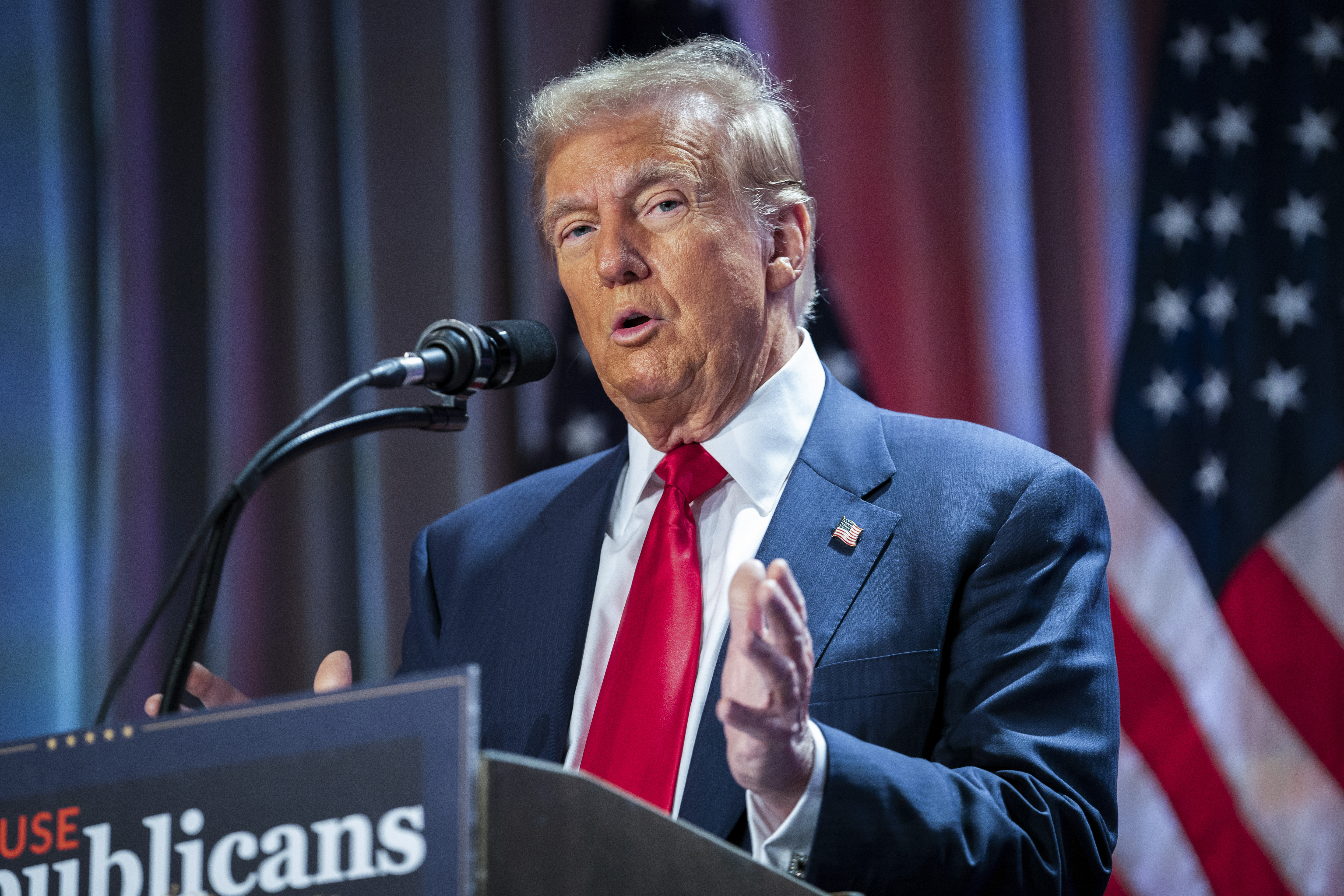 FILE - President-elect Donald Trump speaks during a meeting with the House GOP conference, Nov. 13, 2024, in Washington. (Allison Robbert/Pool via AP, File)