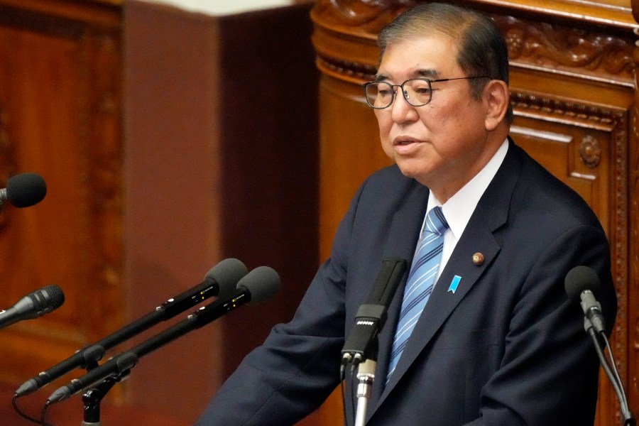 Japanese Prime Minister Shigeru Ishiba delivers his policy speech at the extraordinary session of parliament's lower house Friday, Nov. 29, 2024, in Tokyo. (AP Photo/Eugene Hoshiko)