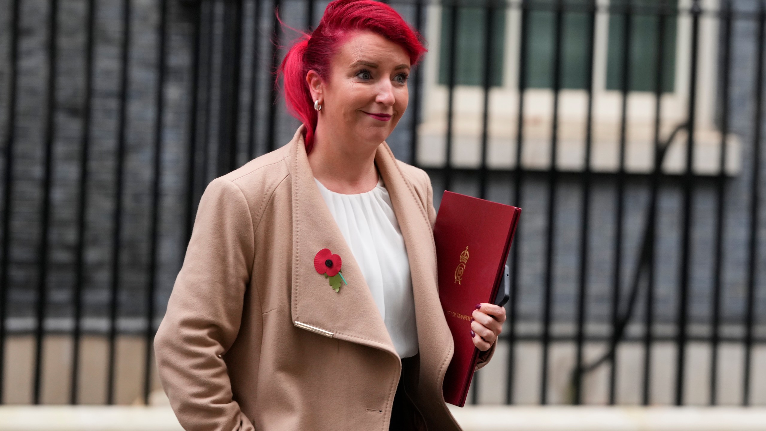 FILE -Louise Haigh, Britain's Secretary of State for Transport leaves following a pre-Budget cabinet meeting in 10 Downing Street, London, Oct. 30, 2024. (AP Photo/Kirsty Wigglesworth), File)