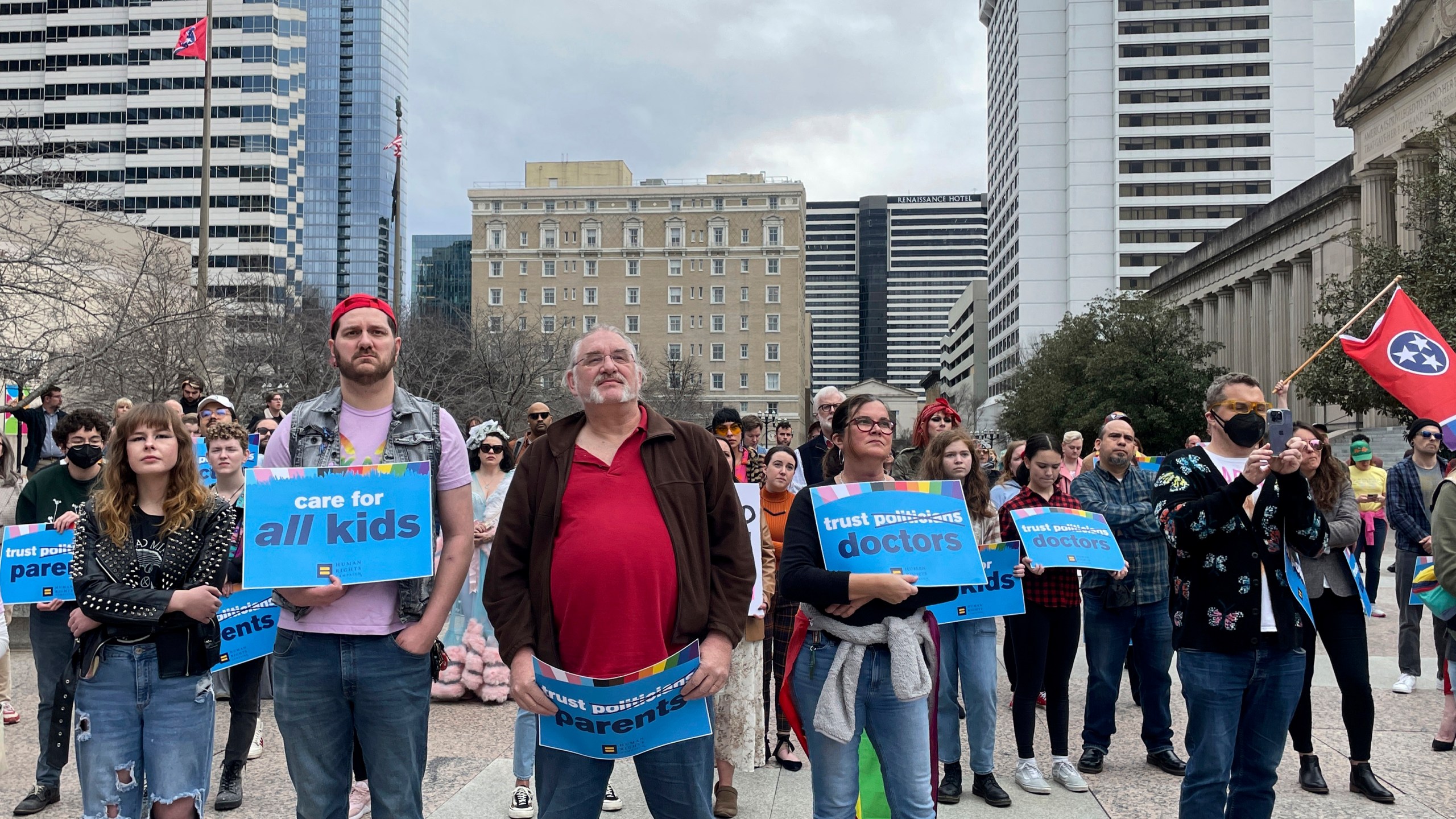 FILE - Advocates gather for a rally at the state Capitol complex in Nashville, Tenn., to oppose a series of bills that target the LGBTQ community, Feb. 14, 2023. (AP Photo/Jonathan Mattise, File)