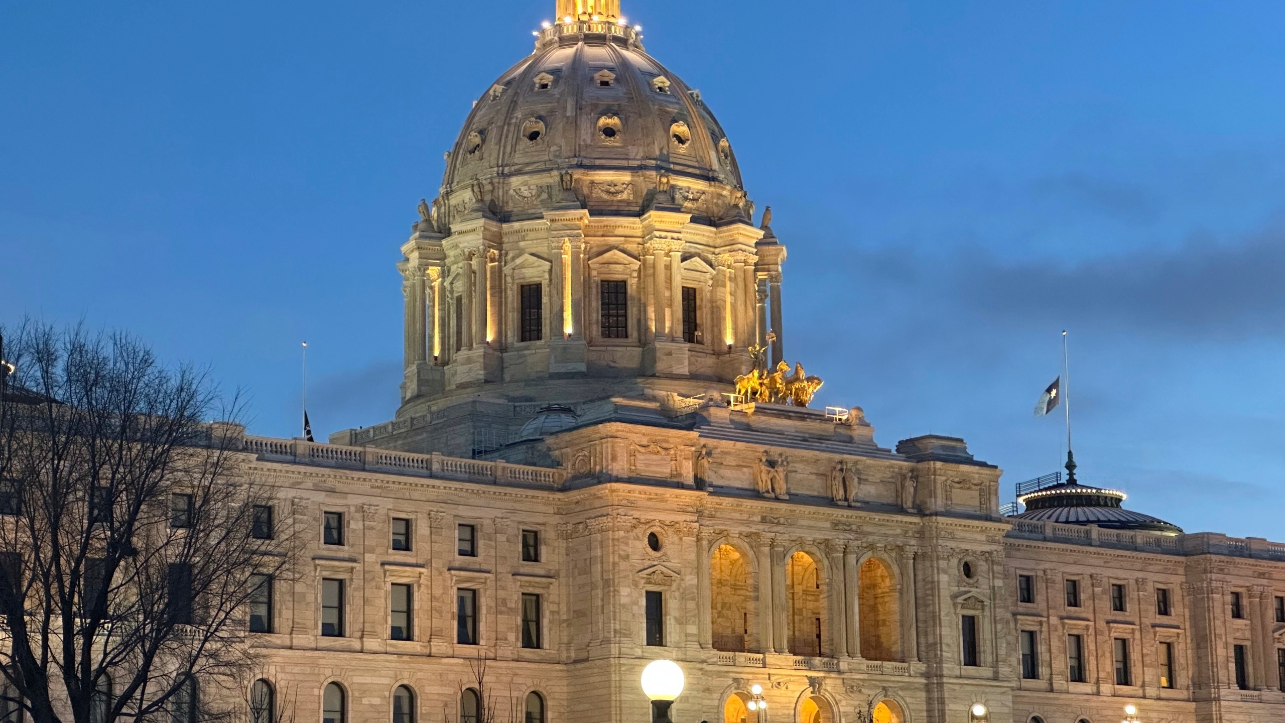 The Minnesota State Capitol in St. Paul, Minn. which contains the state Supreme Court chamber, is shown before sunrise on Tuesday, Dec. 3, 2024. (AP Photo/Steve Karnowski)