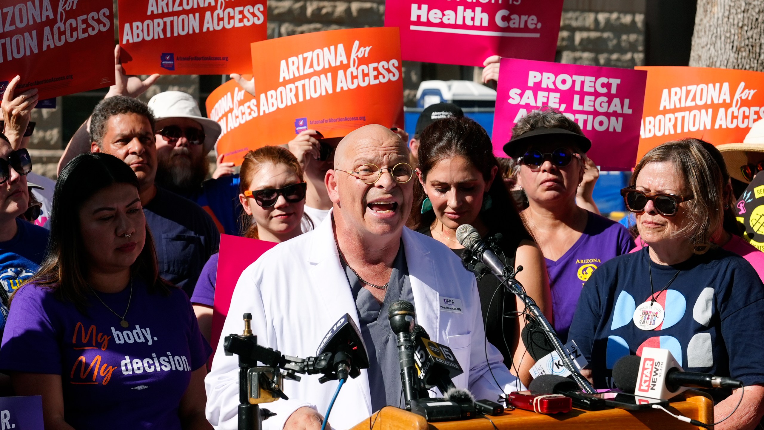 FILE - Dr. Paul Isaacson speaks as Arizona abortion-rights supporters gather for a news conference, July 3, 2024, in Phoenix. (AP Photo/Ross D. Franklin, file)