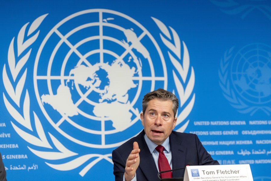 Tom Fletcher, Under-Secretary-General for Humanitarian Affairs and Emergency Relief Coordinator, talks to the media about the Global Humanitarian Overview 2025 and the UN annual humanitarian appeal, during a press conference at the European headquarters of the United Nations in Geneva, Switzerland, Tuesday, Dec. 3, 2024. (Salvatore Di Nolfi/Keystone via AP)