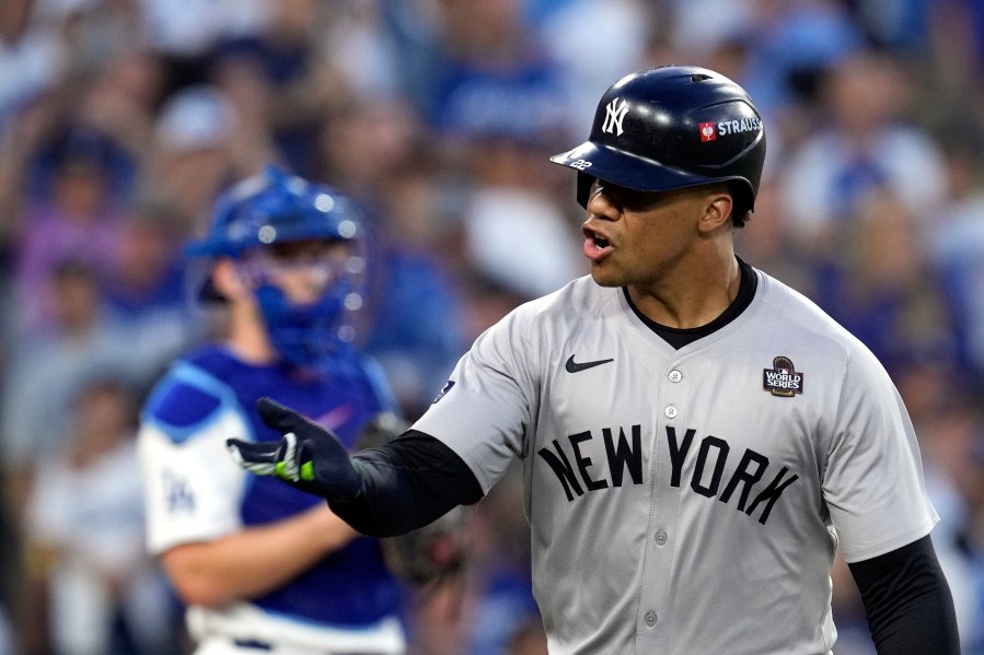 FILE - New York Yankees' Juan Soto celebrates after hitting a home run against the Los Angeles Dodgers during the third inning in Game 2 of the baseball World Series, Saturday, Oct. 26, 2024, in Los Angeles. (AP Photo/Godofredo A. Vásquez, File)