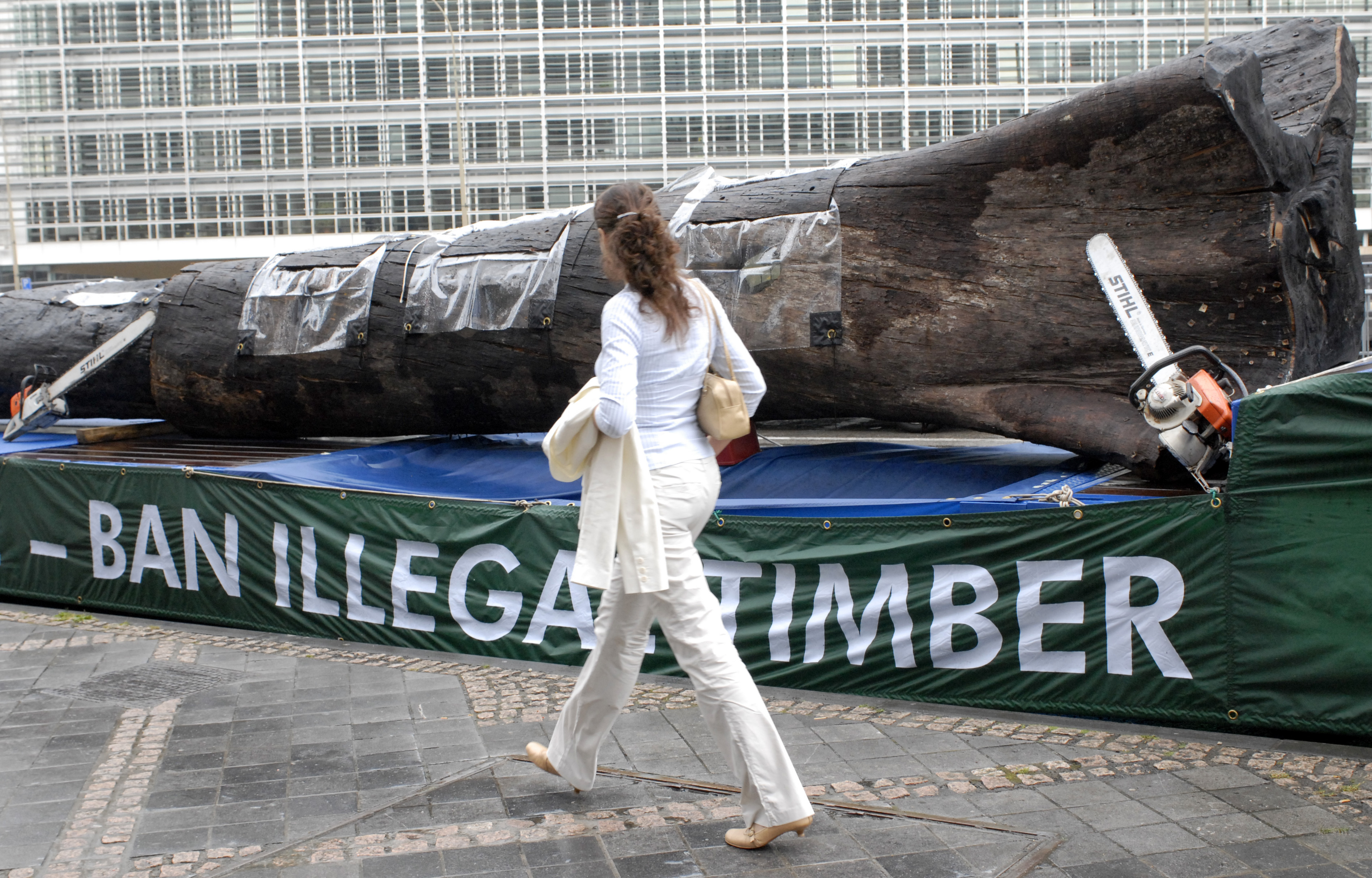 FILE -A woman walks passed a 12-meter Amazon tree trunk placed in front of the European Union Council building by environmental activists in Brussels, July 2, 2008 (AP Photo/Thierry Charlier), File)