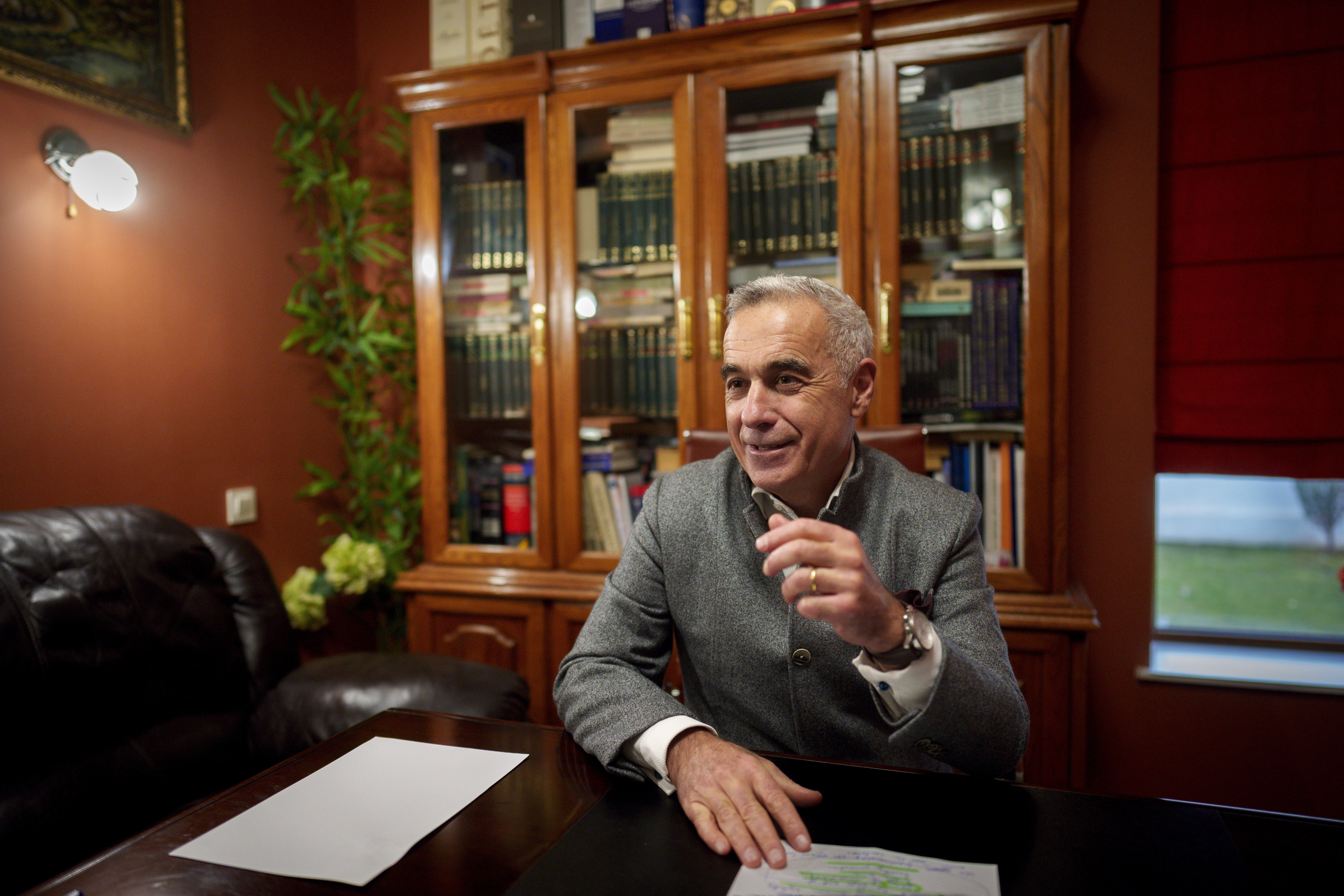 Calin Georgescu, the independent candidate for presidency who won the first round of presidential elections, speaks after an interview with the Associated Press in Izvorani, Romania, Wednesday, Dec. 4, 2024. (AP Photo/Vadim Ghirda)