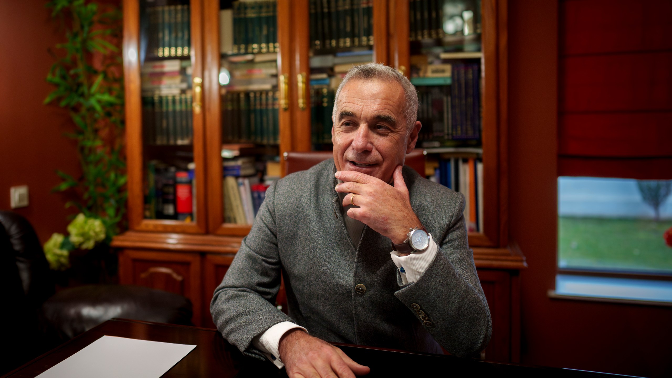 Calin Georgescu, the independent candidate for presidency who won the first round of presidential elections, speaks after an interview with the Associated Press in Izvorani, Romania, Wednesday, Dec. 4, 2024. (AP Photo/Vadim Ghirda)