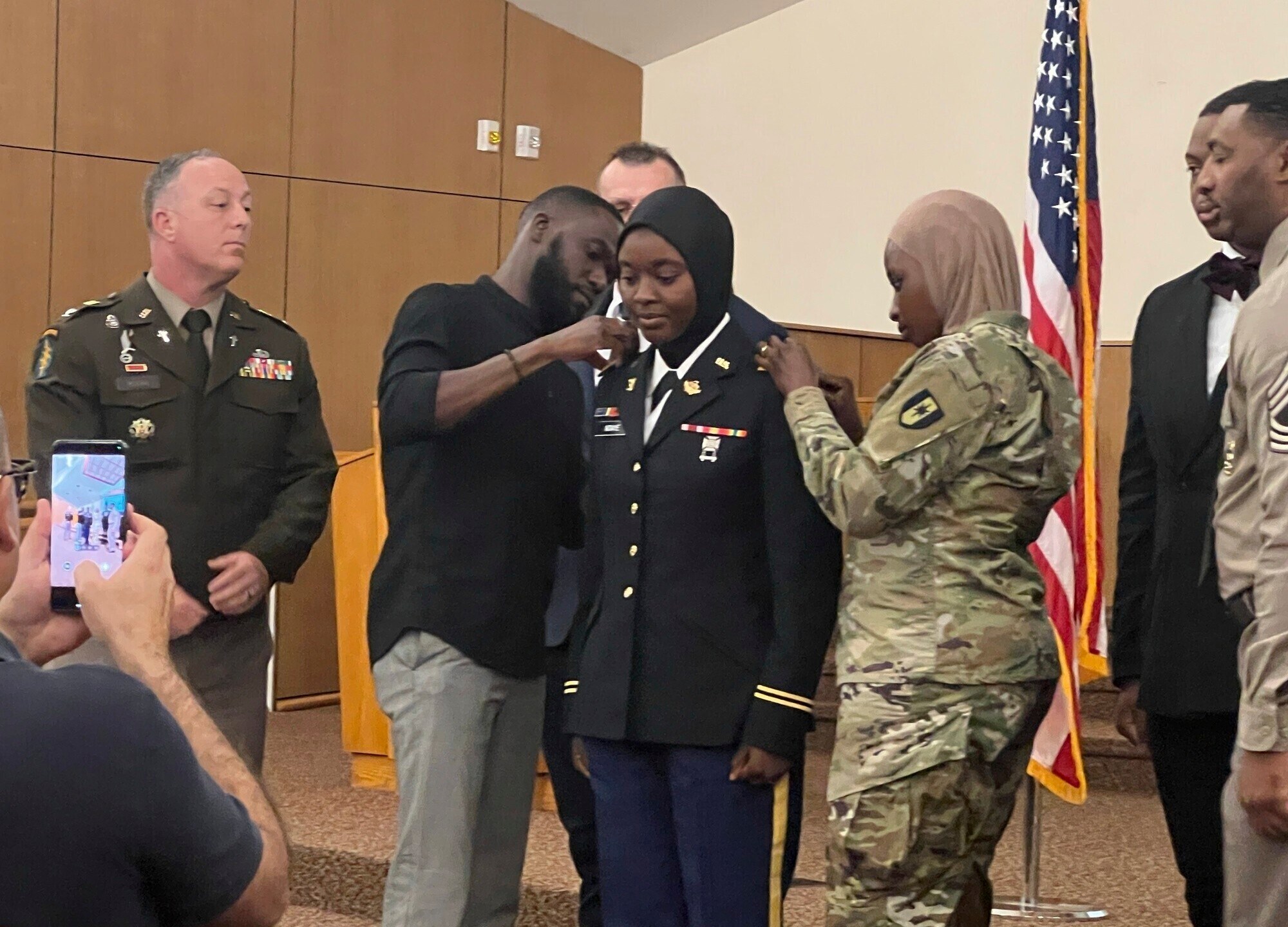 The U.S. Army Chief of Chaplains, Maj. Gen. Bill Green, commissioned the first female Muslim Chaplain Candidate in the Army, Second Lt. Khady Ndiaye during a three-day Army Chaplain Experience event at the All American Chapel, Fort Liberty on June 5, 2024. (Jason Ragucci, U.S. Army, Fort Liberty Garrion Public Affairs Office via AP)