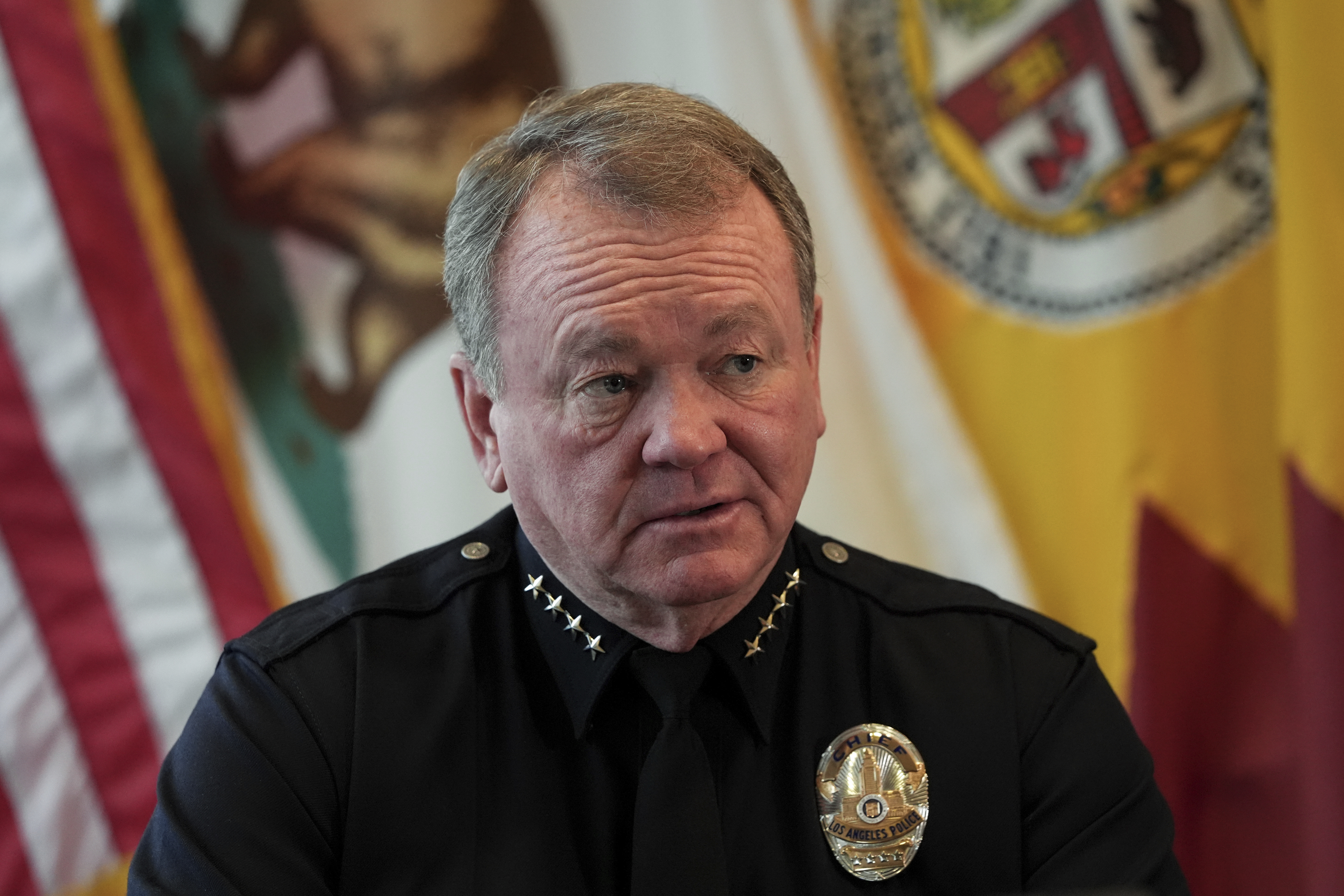 Los Angeles Police Department Chief Jim McDonnell speaks during an interview with The Associated Press in Los Angeles, Wednesday, Dec. 4, 2024. (AP Photo/Jae C. Hong)