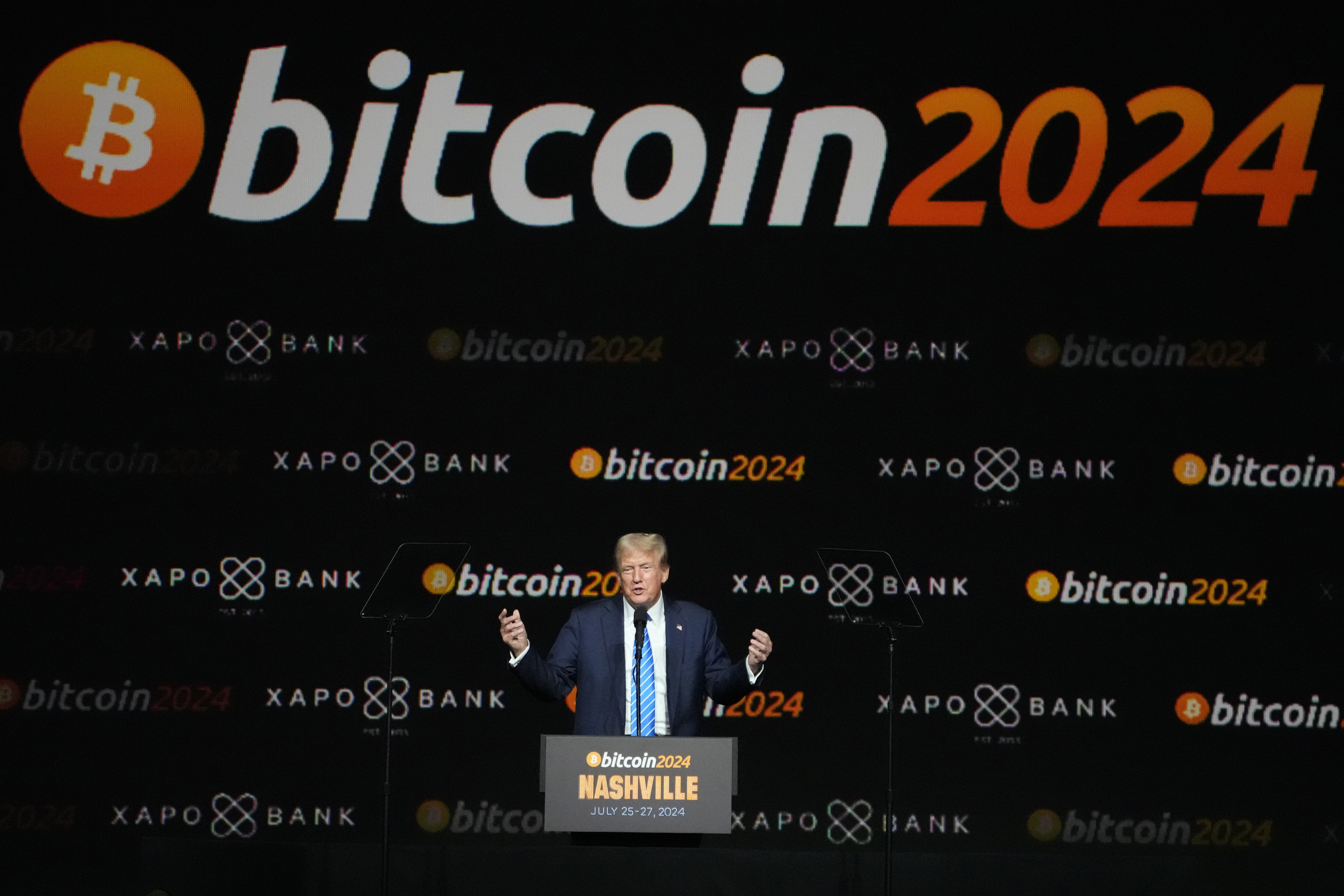 FILE - Republican presidential candidate former President Donald Trump speaks at the Bitcoin 2024 Conference Saturday, July 27, 2024, in Nashville, Tenn. (AP Photo/Mark Humphrey, File)