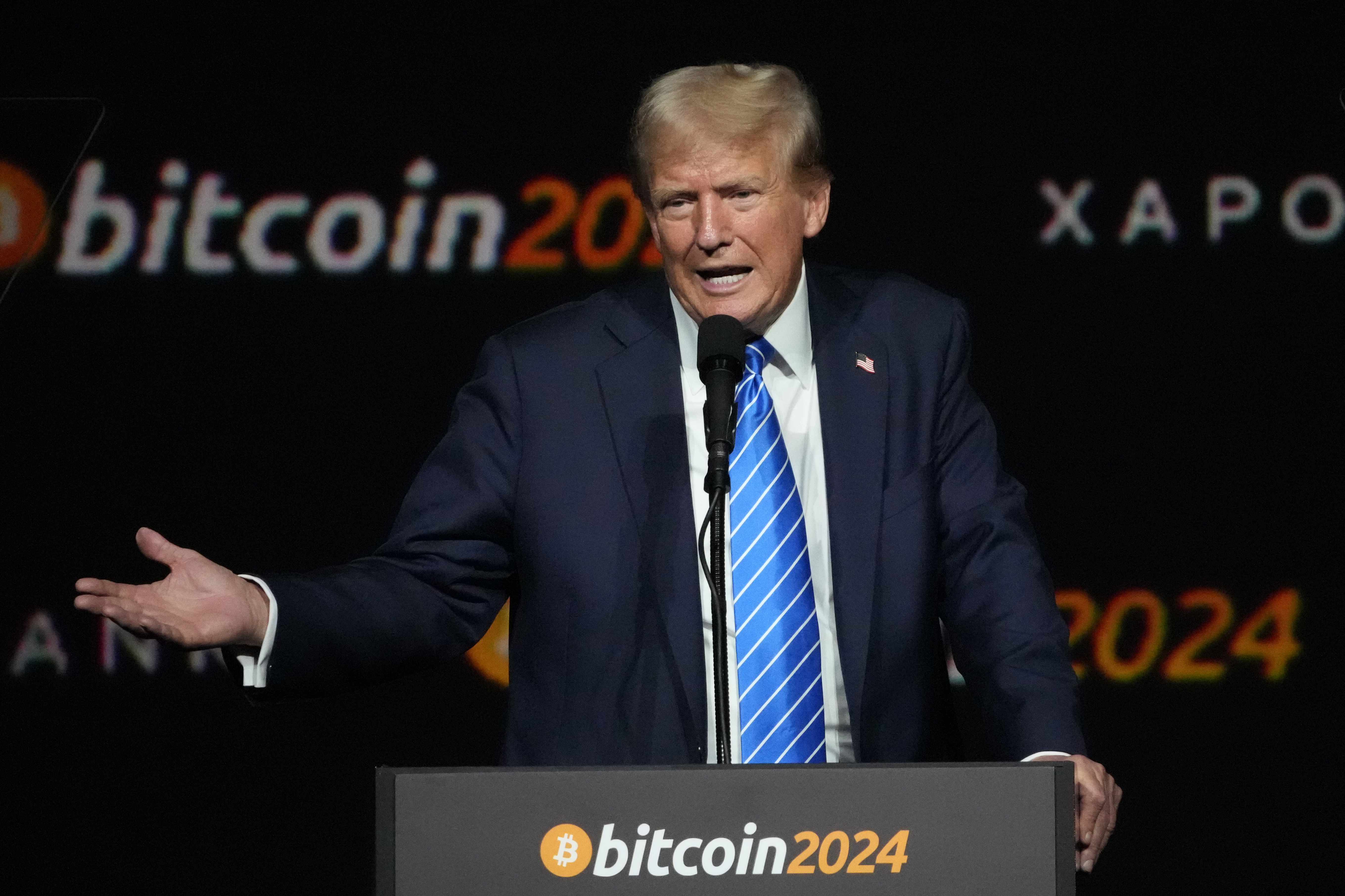 FILE - Republican presidential nominee former President Donald Trump speaks at the Bitcoin 2024 Conference July 27, 2024, in Nashville, Tenn. (AP Photo/Mark Humphrey, File)