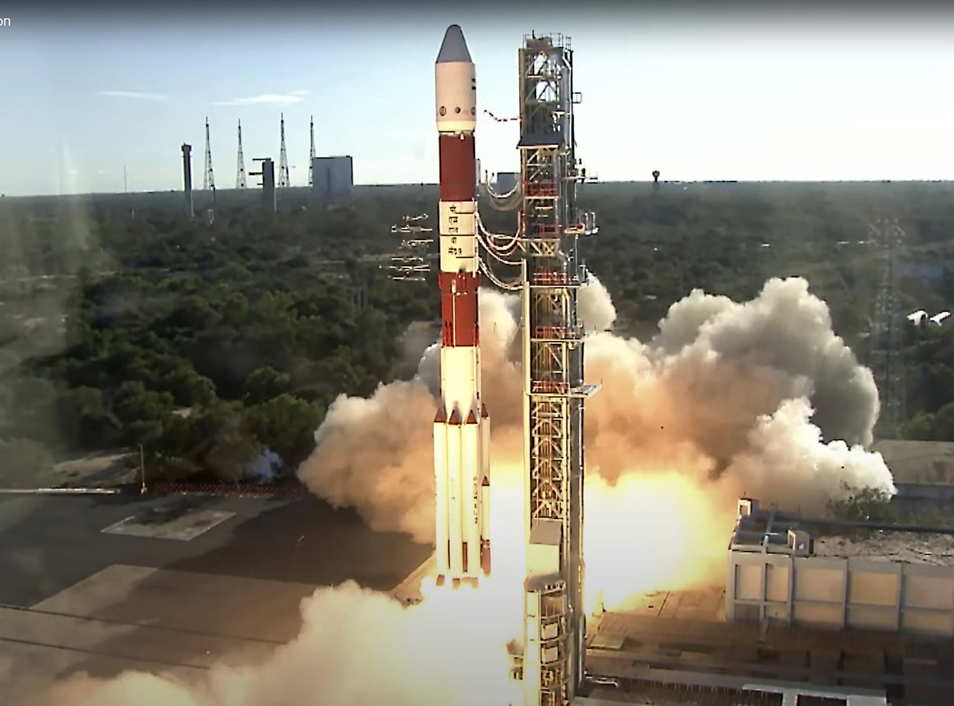 This image taken from video provided by the European Space Agency shows the launching of a rocket from the Satish Dhawan Space Centre in Sriharikota, India on Thursday, Dec. 5, 2024. A pair of European satellites rocketed into orbit Thursday on the first mission to create artificial solar eclipses through fancy formation flying in space. (European Space Agency via AP)