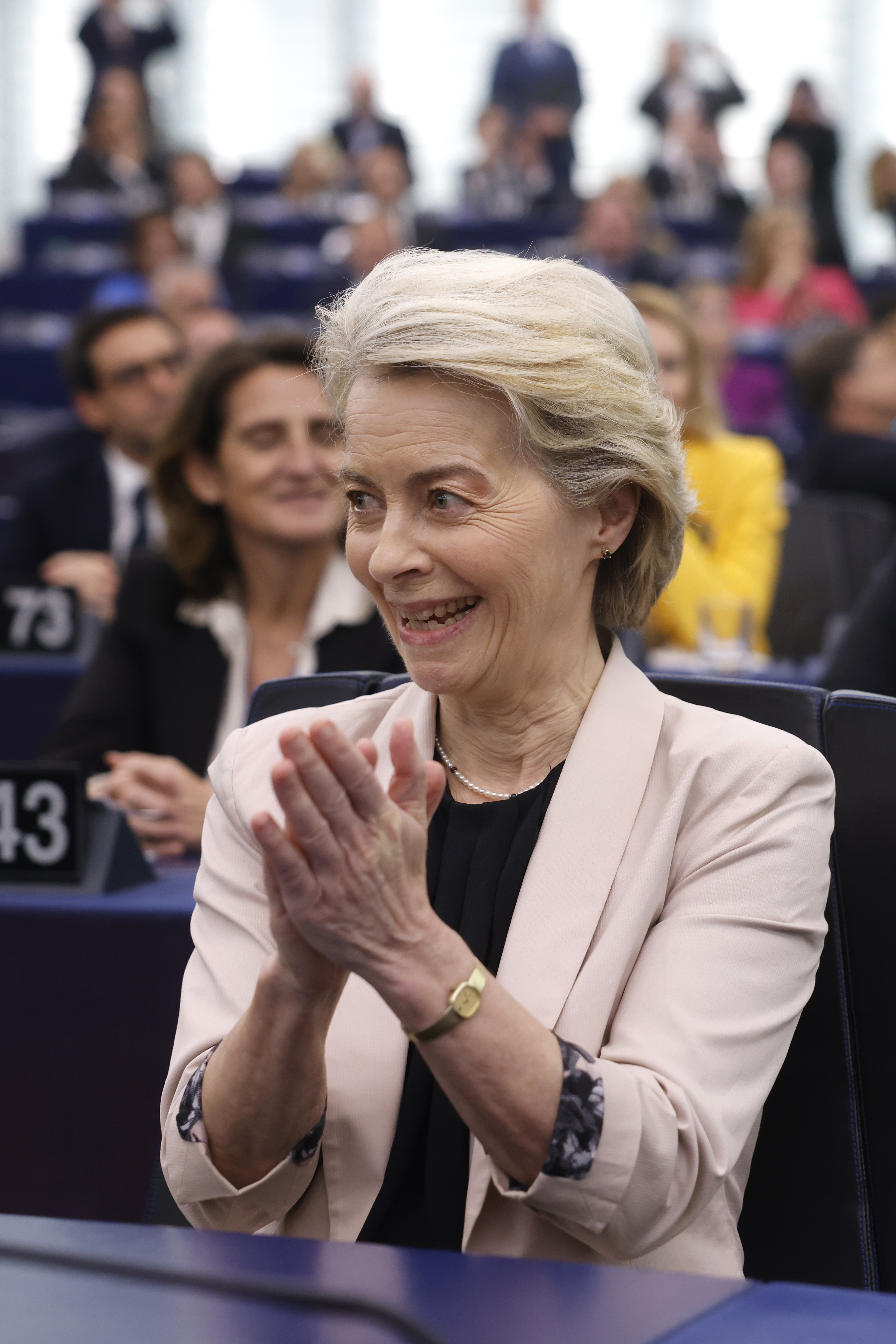 European Commission President Ursula von der Leyen reacts after a vote by the European Parliament to approve the new EU College of Commissioners at the European Parliament in Strasbourg, France, Wednesday, Nov. 27, 2024. (AP Photo/Jean-Francois Badias)