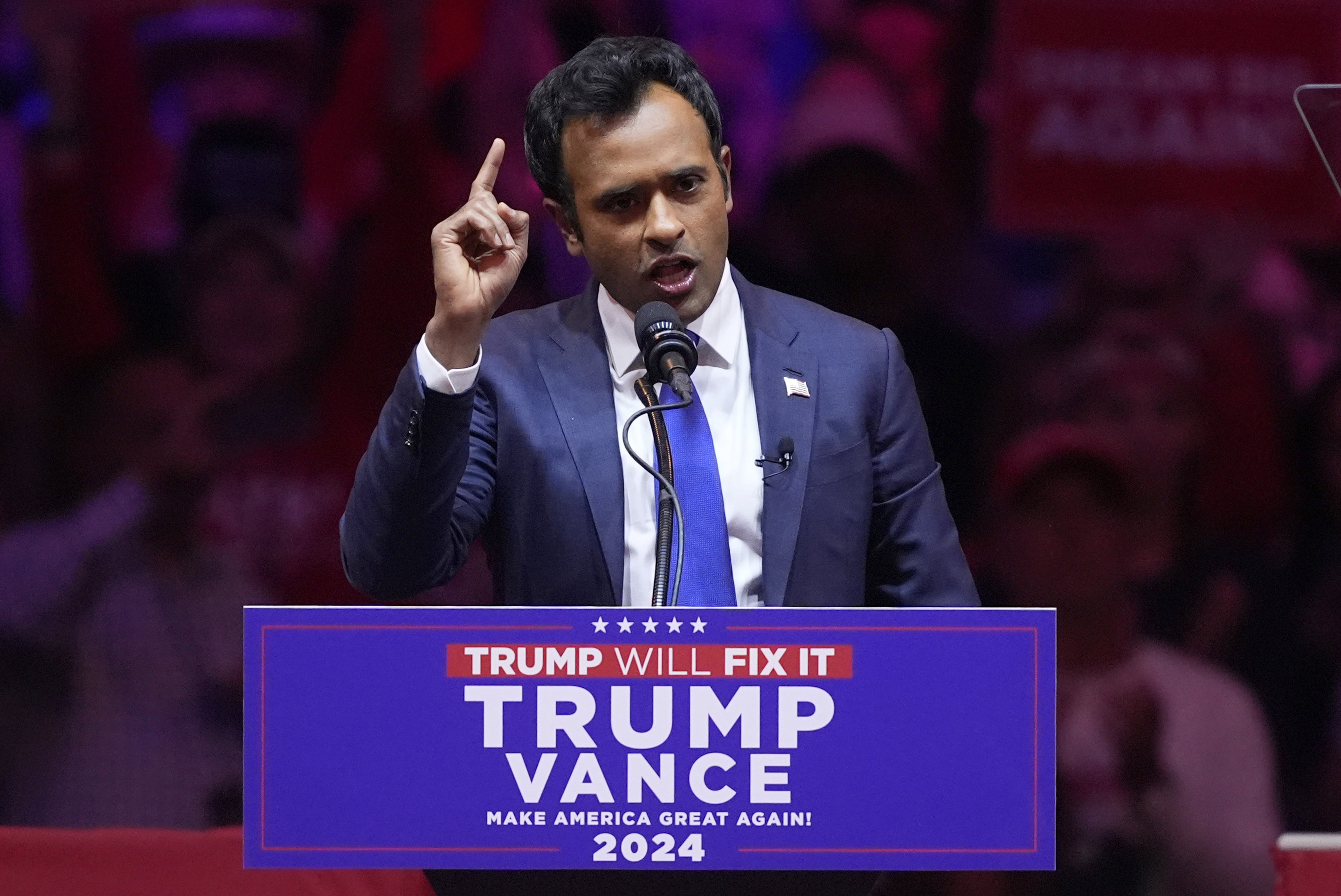 FILE - Vivek Ramaswamy speaks at a campaign rally, Oct. 27, 2024, in New York. (AP Photo/Evan Vucci, File)