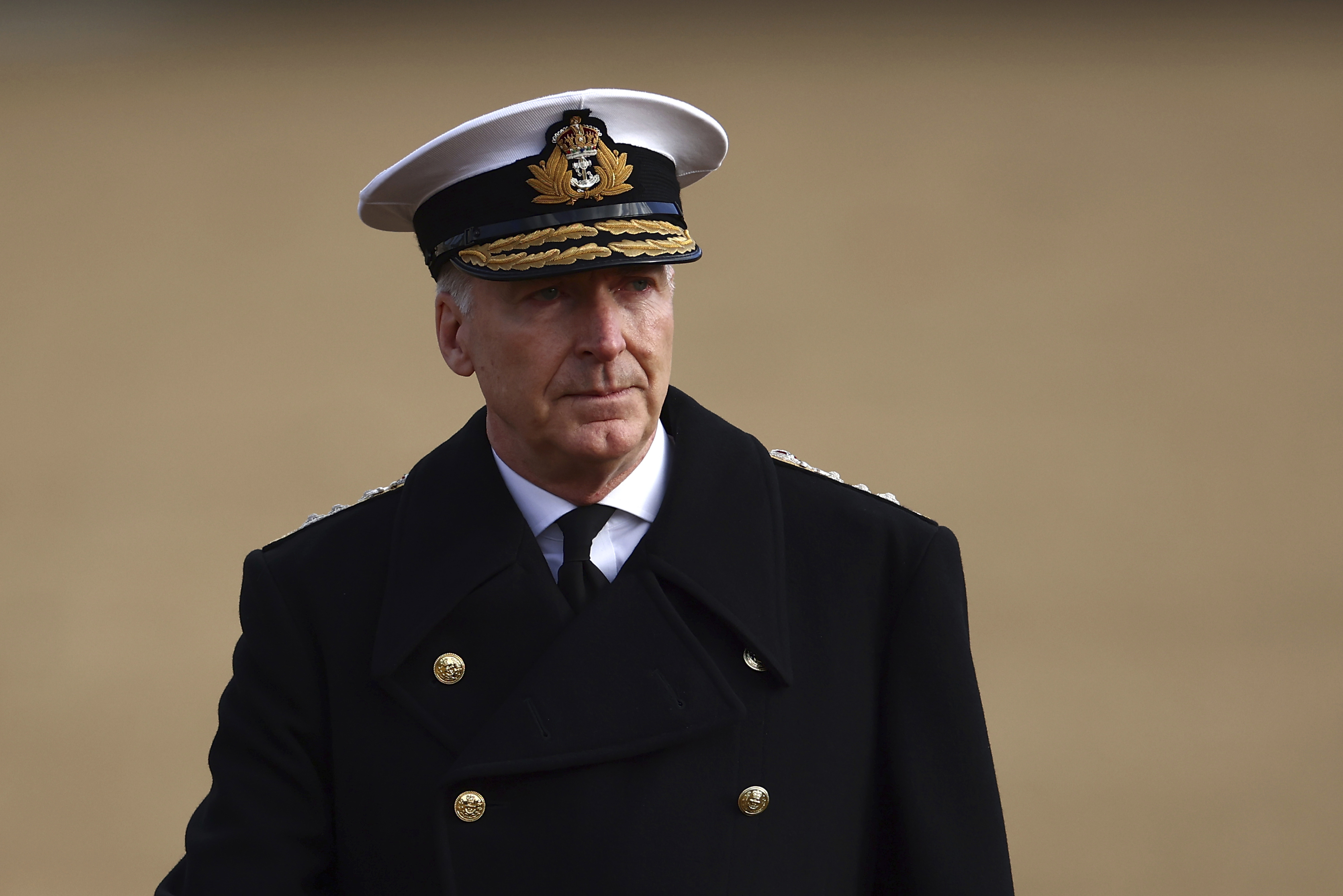 FILE - Britain's Chief of the Defence Staff, Admiral Tony Radakin attends a Ceremonial Welcome for the Emir of Qatar Sheikh Tamim bin Hamad Al Thani and his wife Sheikha Jawaher, at Horse Guards Parade in London, on Dec. 3, 2024. (Henry Nicholls via AP, Pool File)