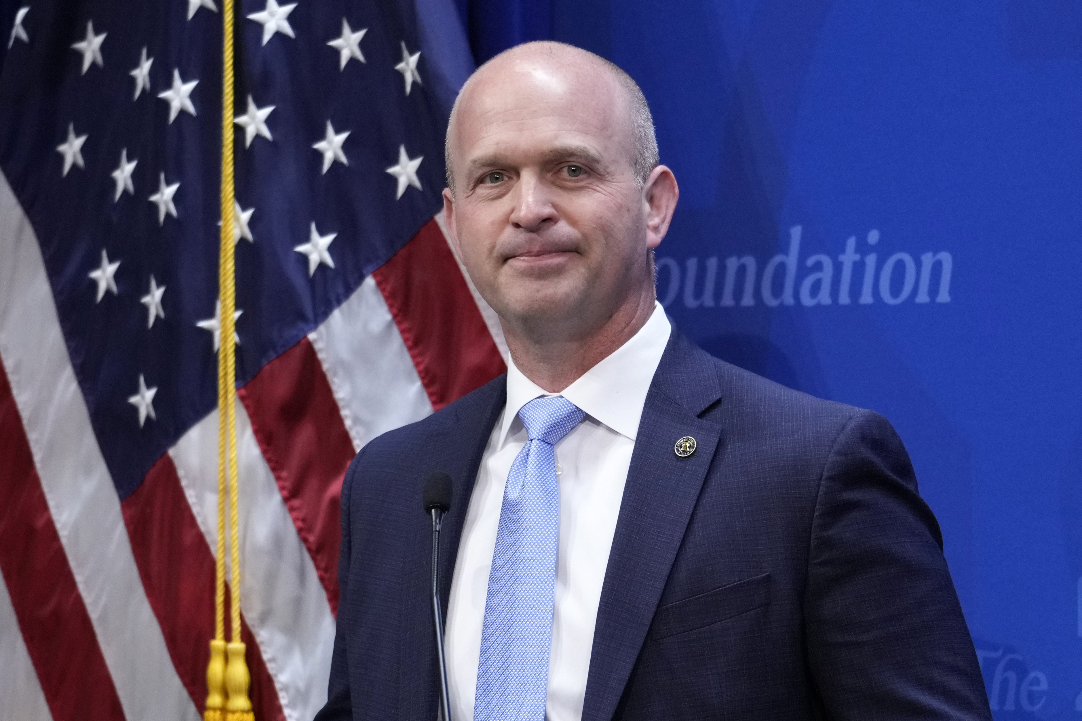 FILE - Kevin Roberts, president of The Heritage Foundation, speaks at The Heritage Foundation, Wednesday, April 12, 2023, in Washington. (AP Photo/J. Scott Applewhite, File)