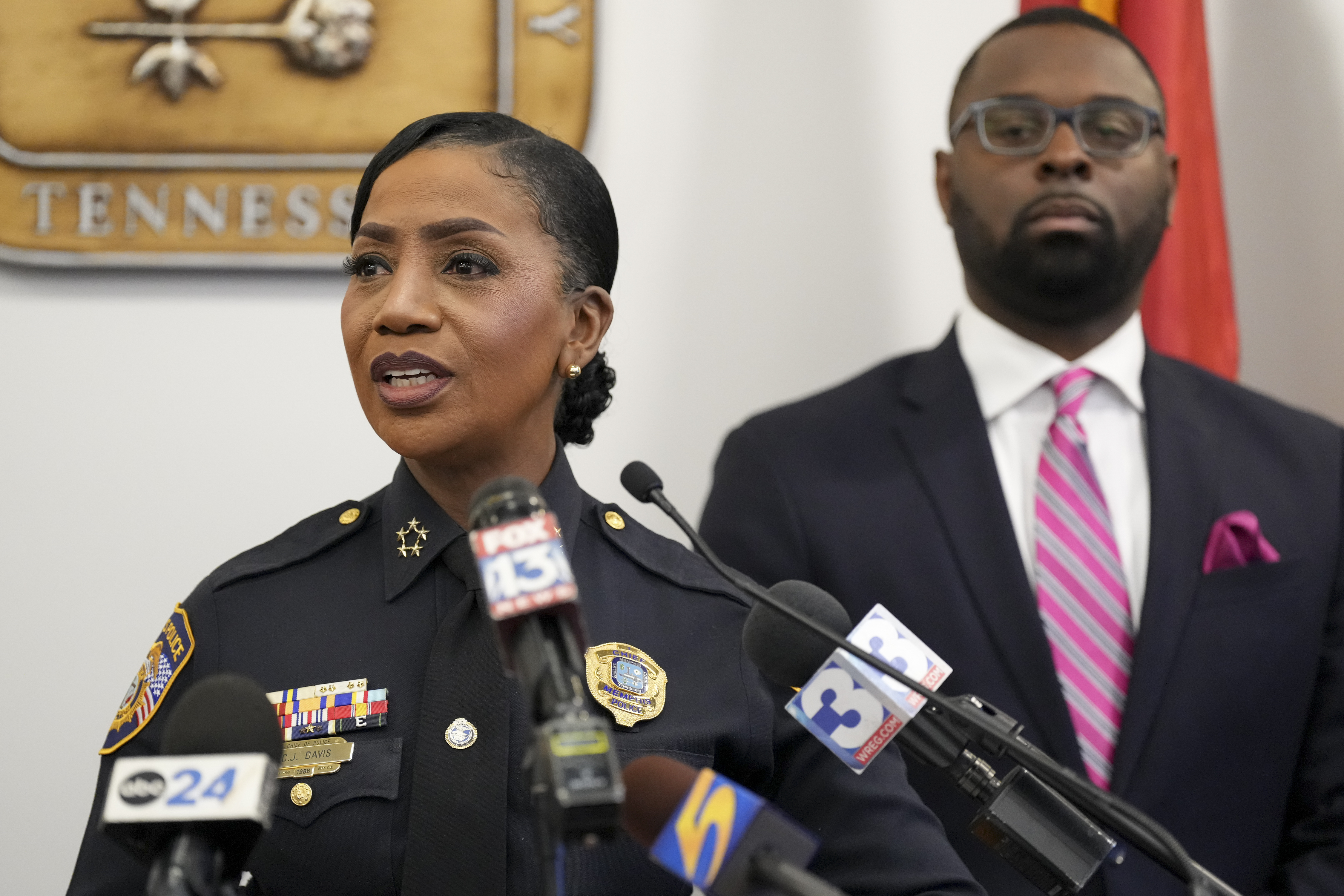 Memphis Police Chief Cerelyn "C.J." Davis speaks during a news conference Thursday, Dec. 5, 2024, in Memphis, Tenn. (AP Photo/George Walker IV)