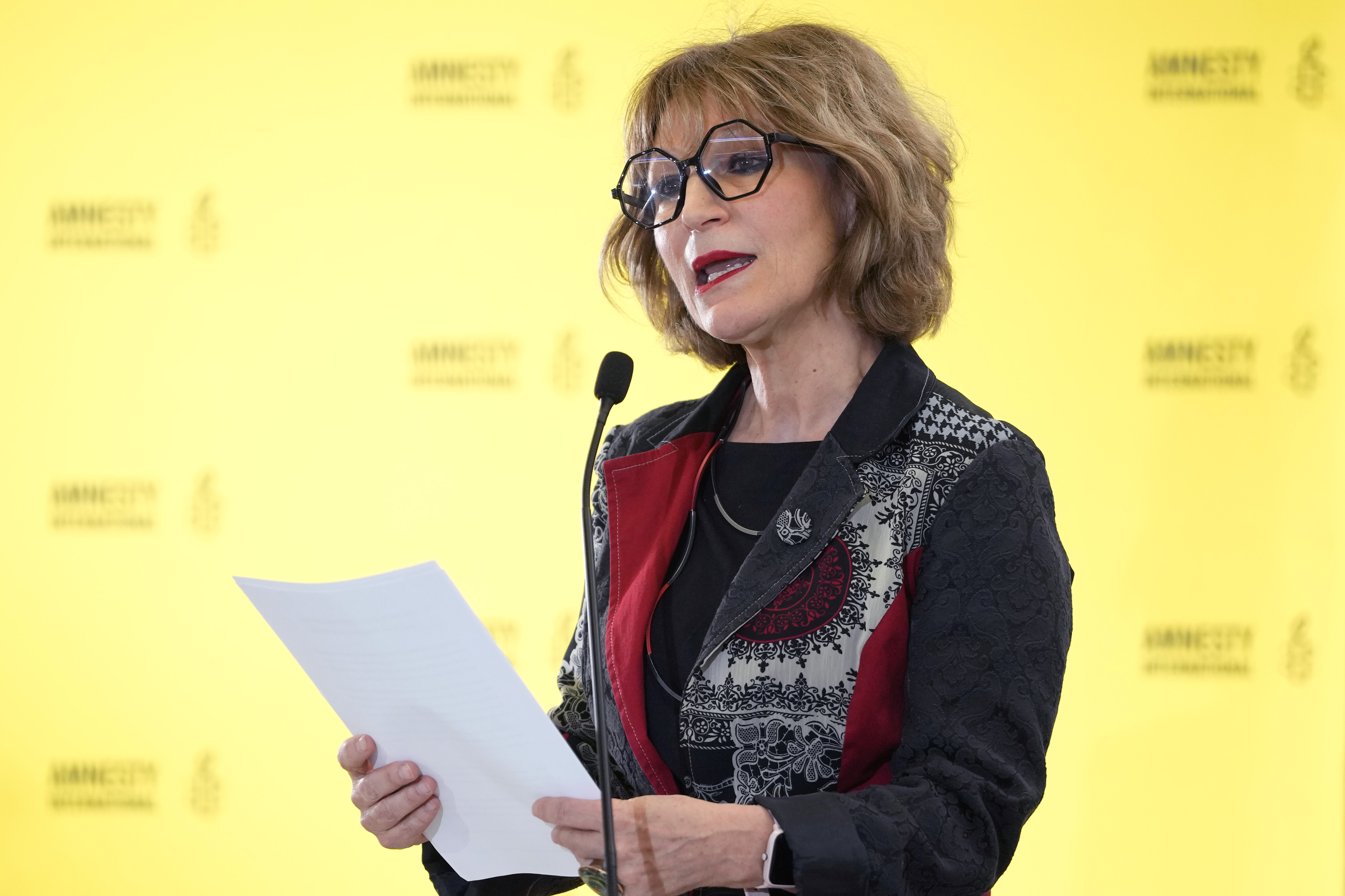 FILE - Agnès Callamard, Secretary General of Amnesty International, speaks at a press conference in London, April 23, 2024. (AP Photo/Kirsty Wigglesworth, File)