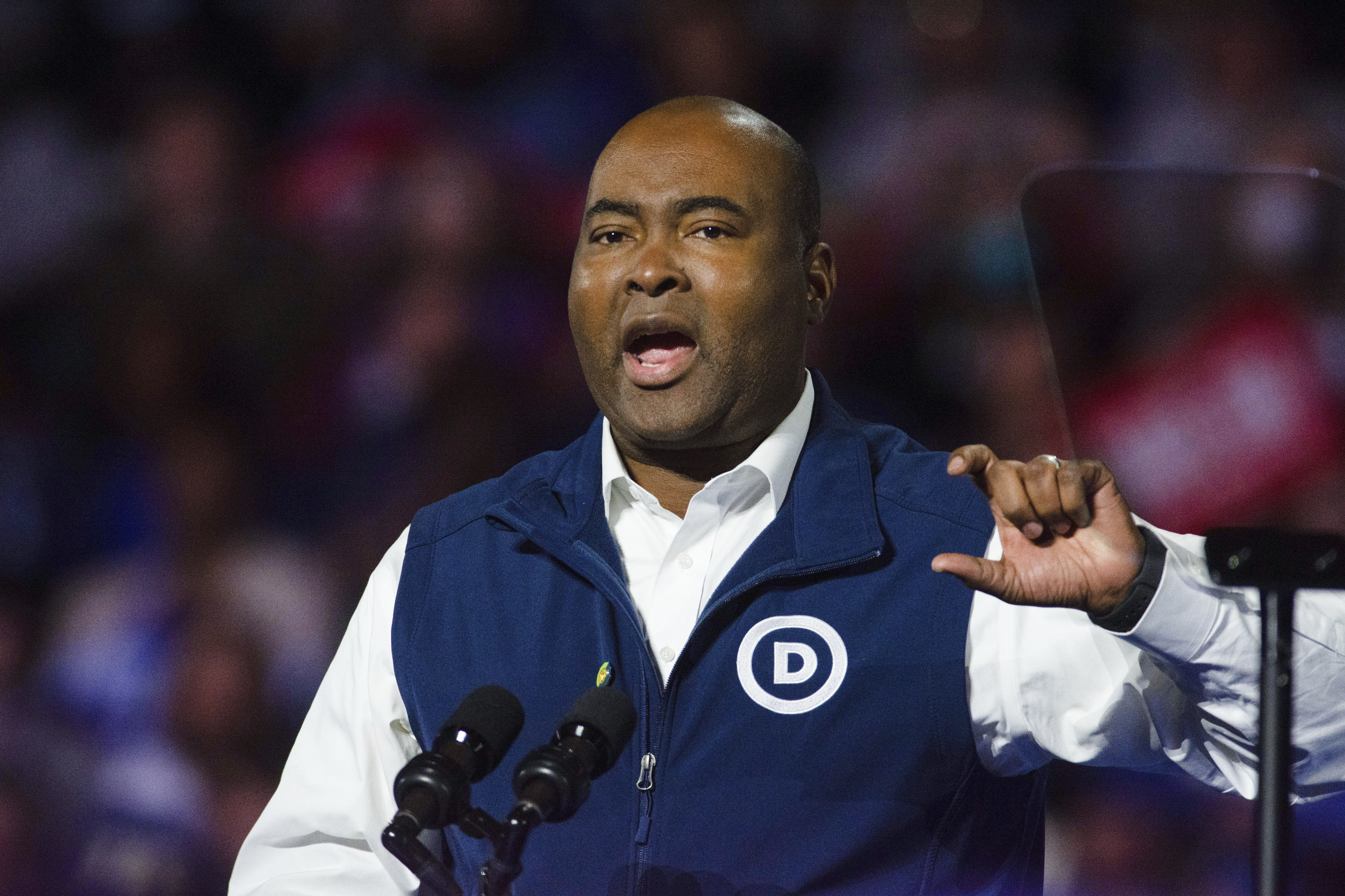 FILE - Democratic Party chair Jaime Harrison speaks during a rally for Democratic presidential nominee Vice President Kamala Harris at the Reno Events Center, Oct. 31, 2024, in Reno, Nev. (AP Photo/David Calvert, File)