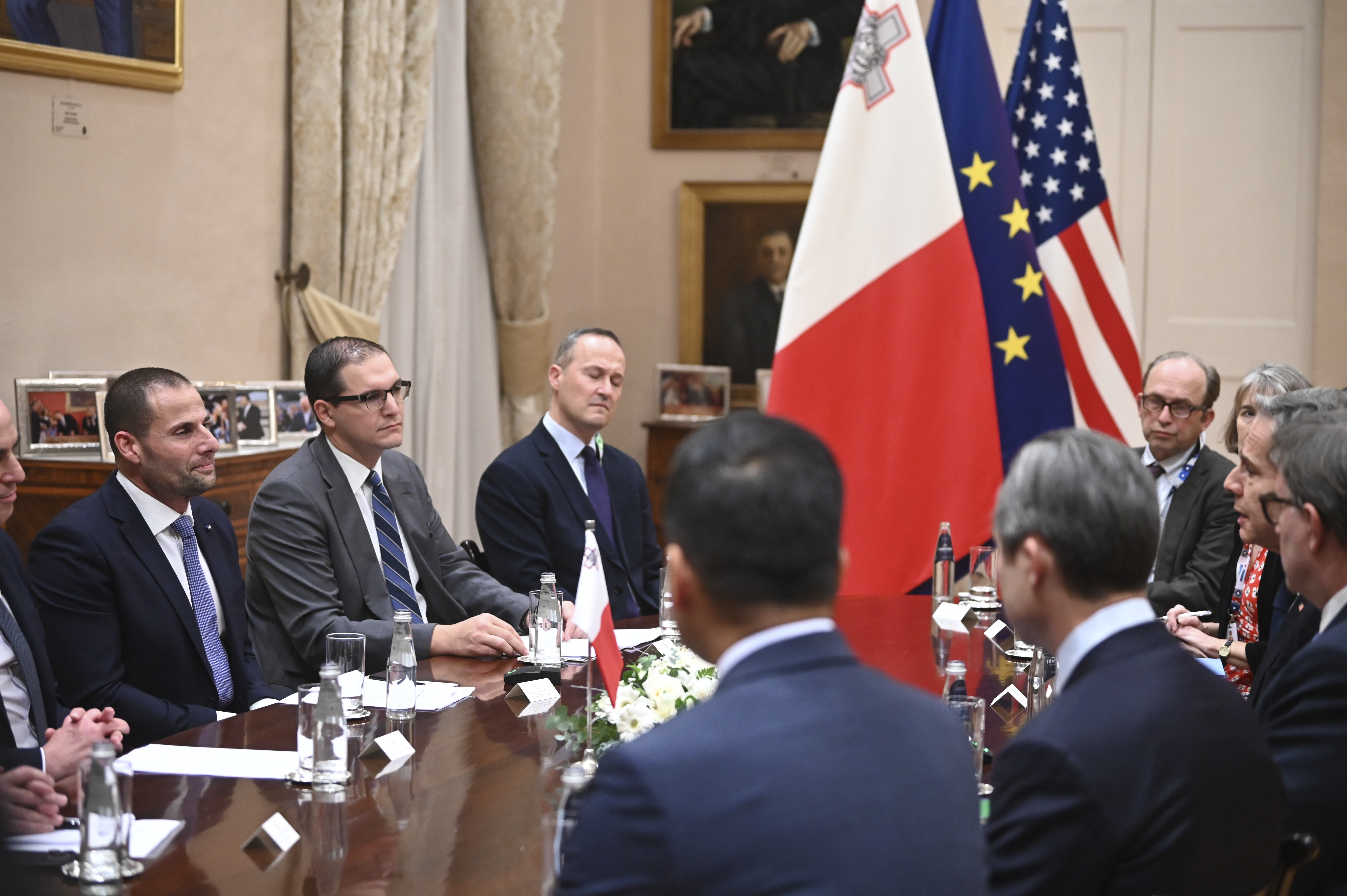 Maltese Prime Minister Robert Abela, left, listens during a meeting with U.S. Secretary of State Antony Blinken at the Auberge de Castille, in Valletta, Malta, Wednesday, Dec. 4, 2024. (AP Photo/Jonathan Borg, Pool)