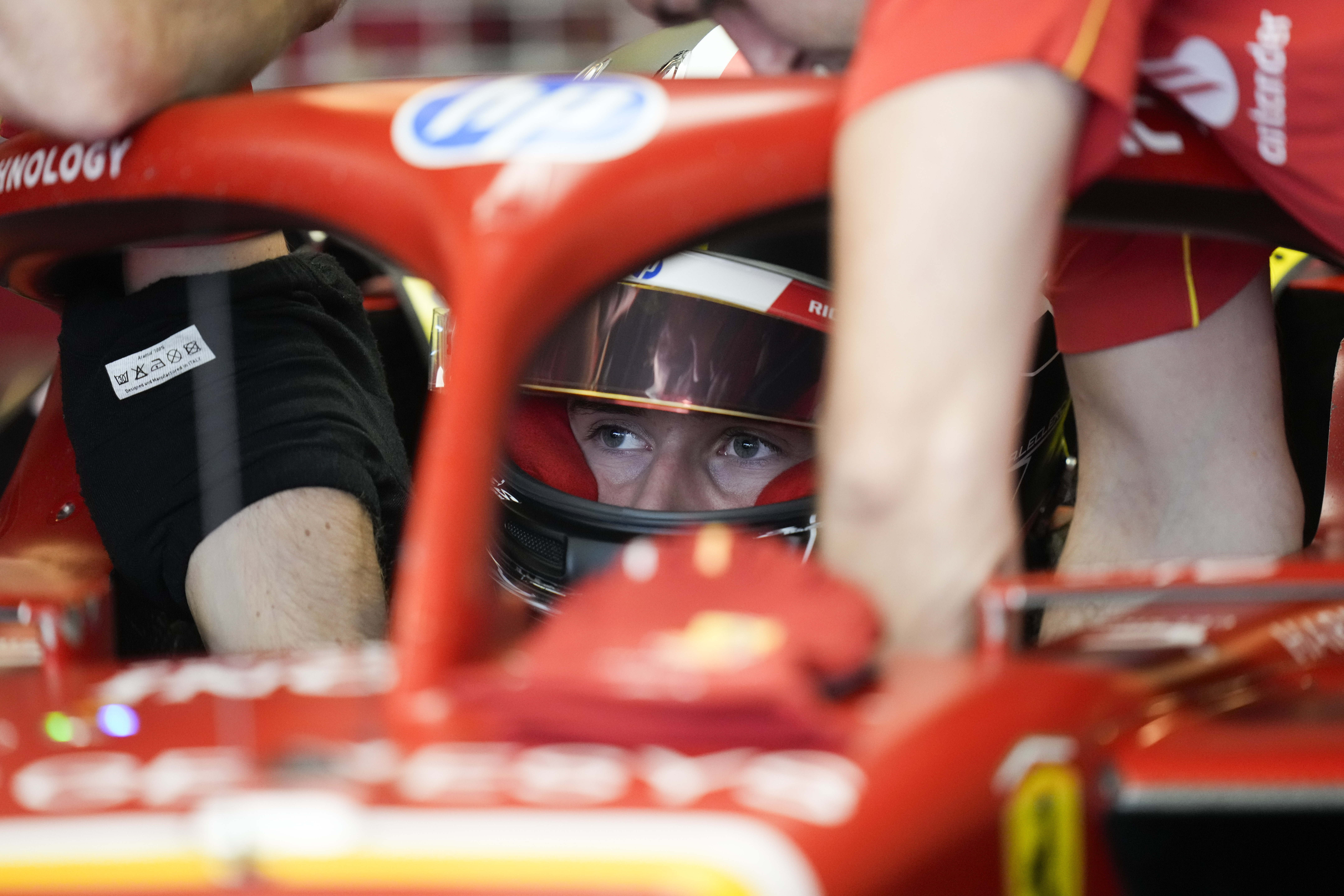 Ferrari driver Arthur Leclerc of Monaco prepares for his debut free practice ahead of the Formula One Abu Dhabi Grand Prix at the Yas Marina Circuit in Abu Dhabi, UAE, Friday, Dec. 6, 2024. (AP Photo/Darko Bandic)