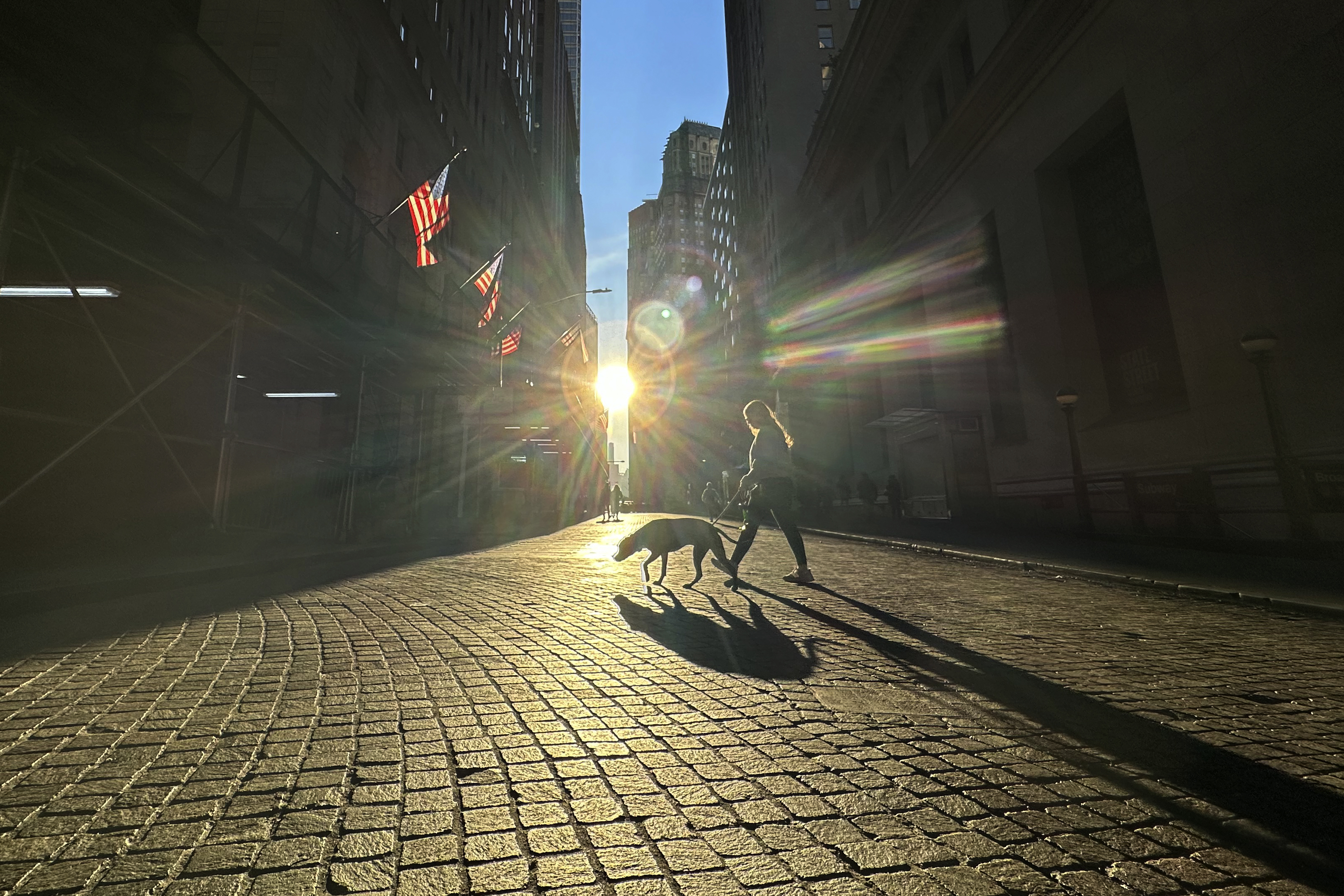 FILE - A woman and dog cross Wall Street in New York's Financial District on Nov. 19, 2024. (AP Photo/Peter Morgan, File)