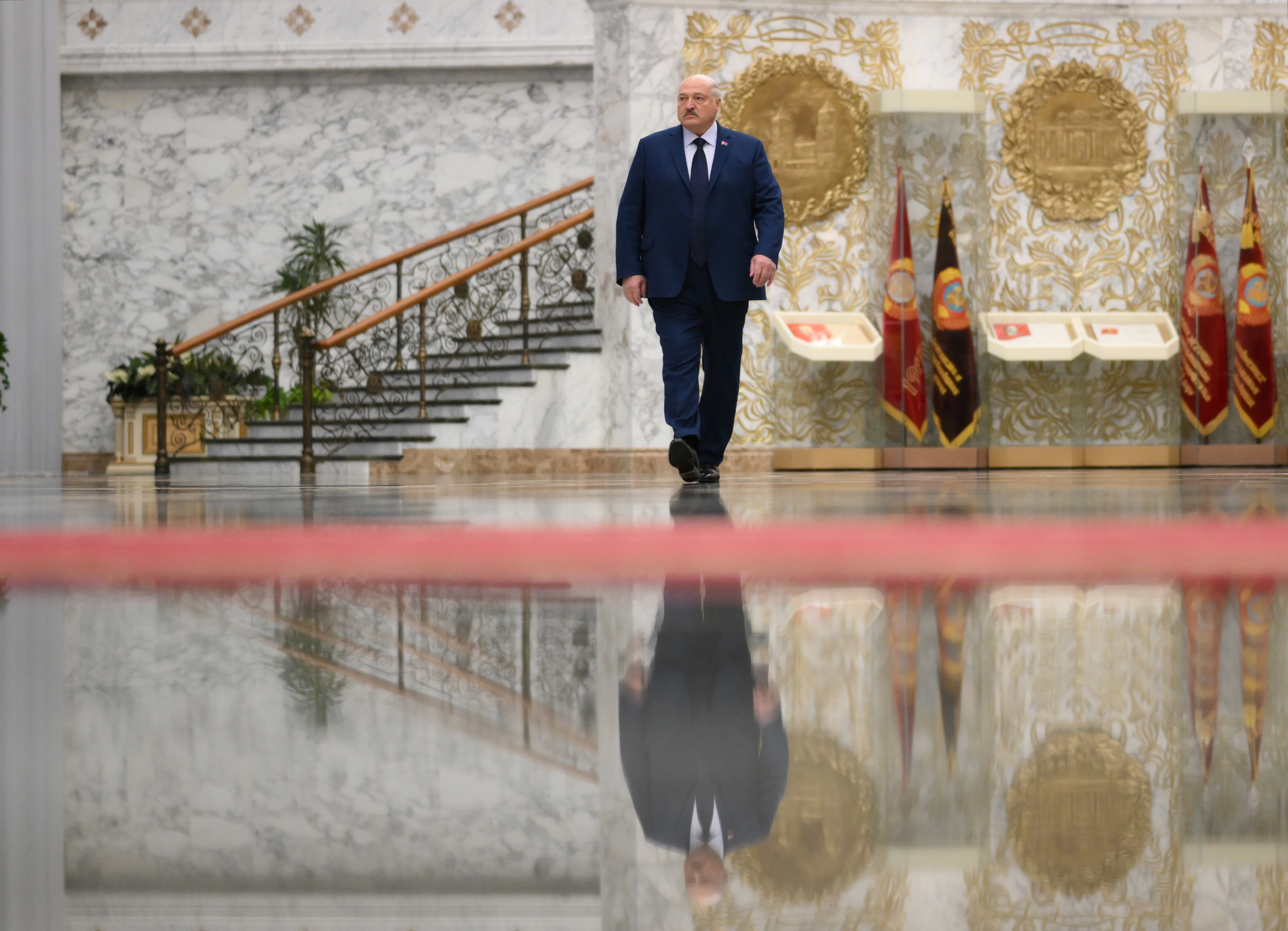 Belarusian President Alexander Lukashenko arrives to meet Russian delegation prior to the meeting of the Supreme State Council of the Russia-Belarus Union State marking the 25th anniversary of the Union State Treaty in Minsk, Belarus, Friday, Dec. 6, 2024. (Grigory Sysoyev, Sputnik, Kremlin Pool Photo via AP)