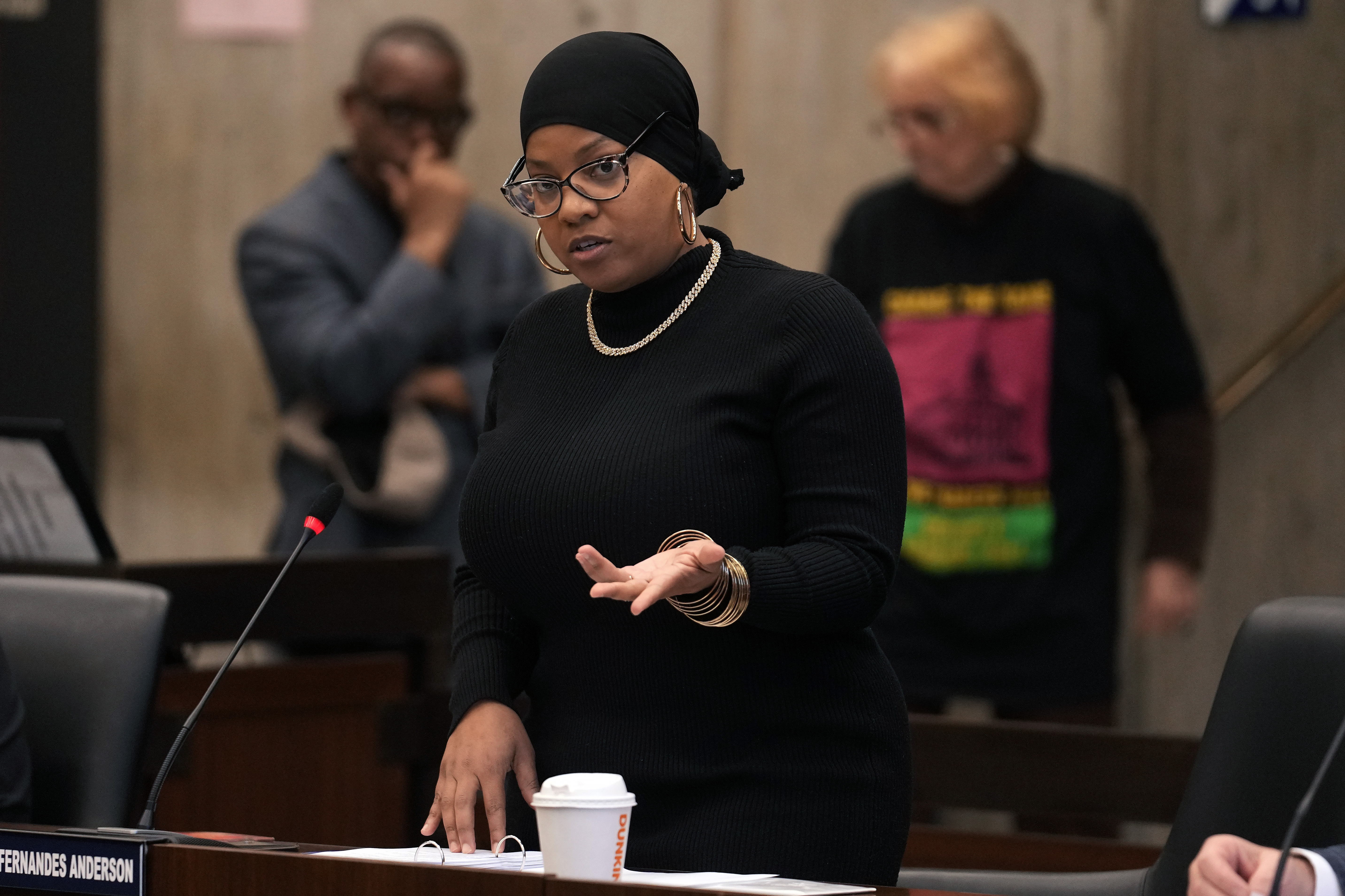 FILE - Boston City Councilor Tania Fernandes Anderson addresses Boston City Council members during a meeting at City Hall, in Boston, Wednesday, Oct. 25, 2023. (AP Photo/Steven Senne, File)