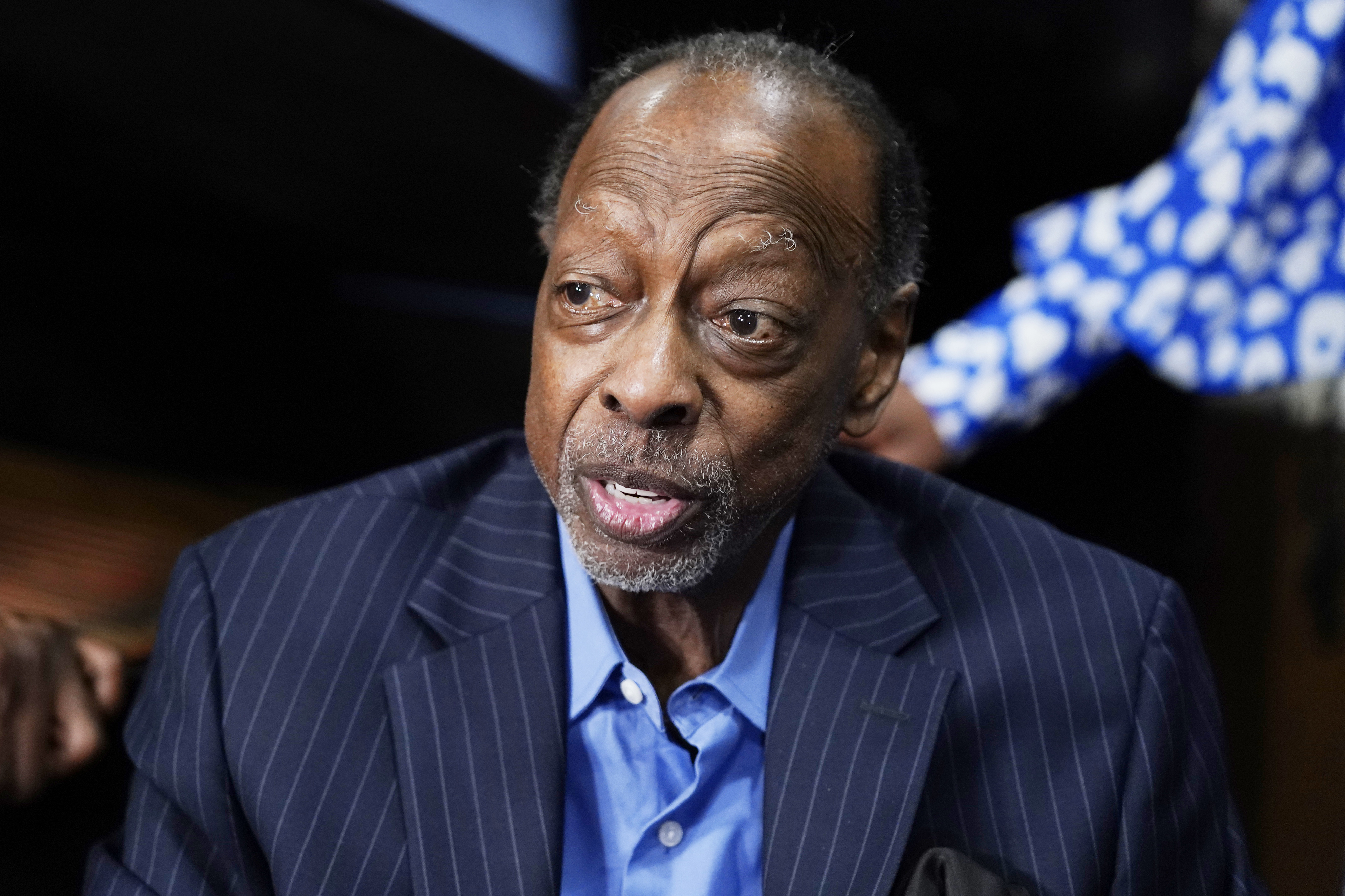 FILE - The Spinners member Henry Fambrough speaks at the Motown Museum, May 19, 2023, in Detroit. (AP Photo/Carlos Osorio, File)