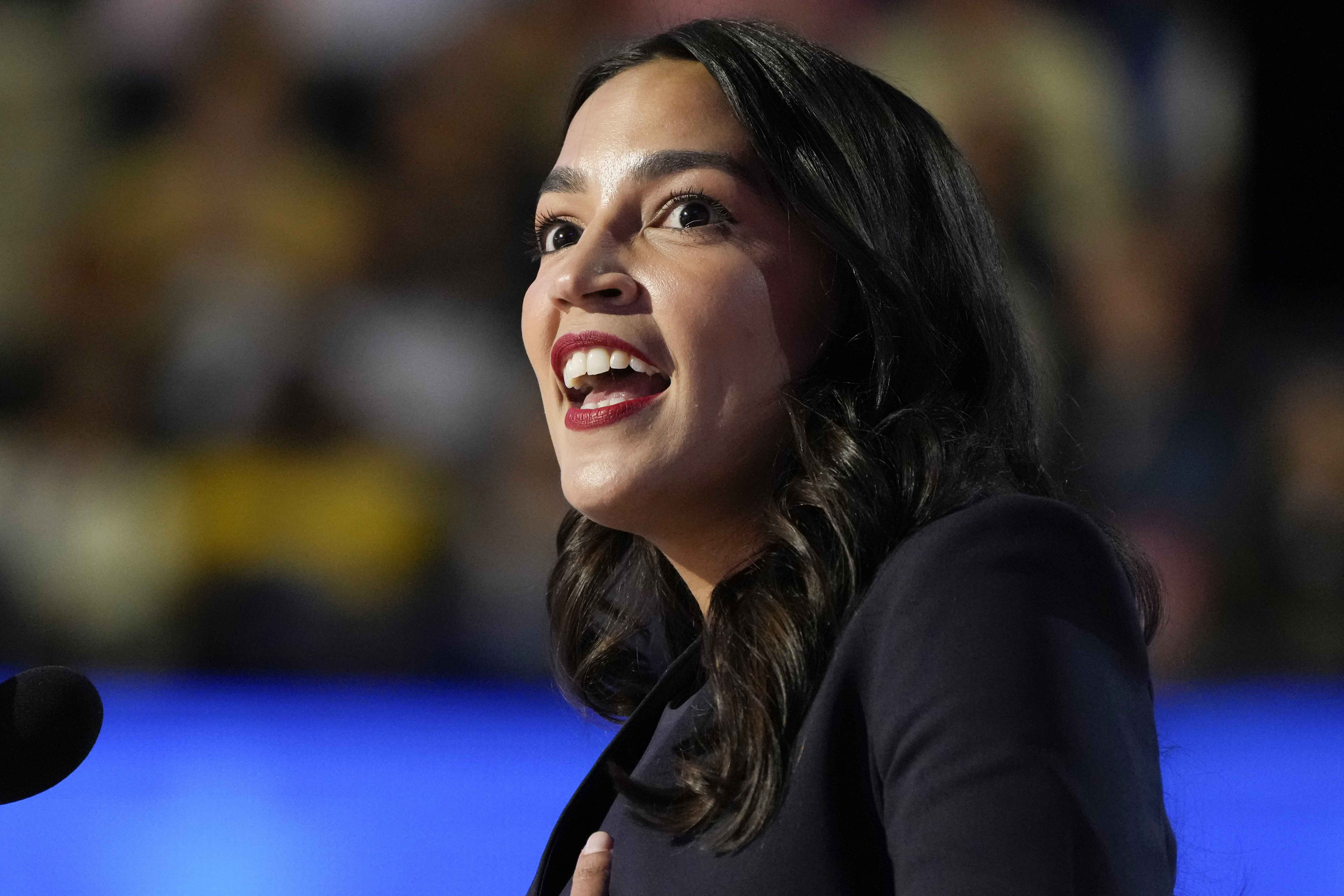 FILE - Rep. Alexandria Ocasio-Cortez, D-N.Y., speaks during the first day of Democratic National Convention, Aug. 19, 2024, in Chicago. (AP Photo/Jacquelyn Martin, File)