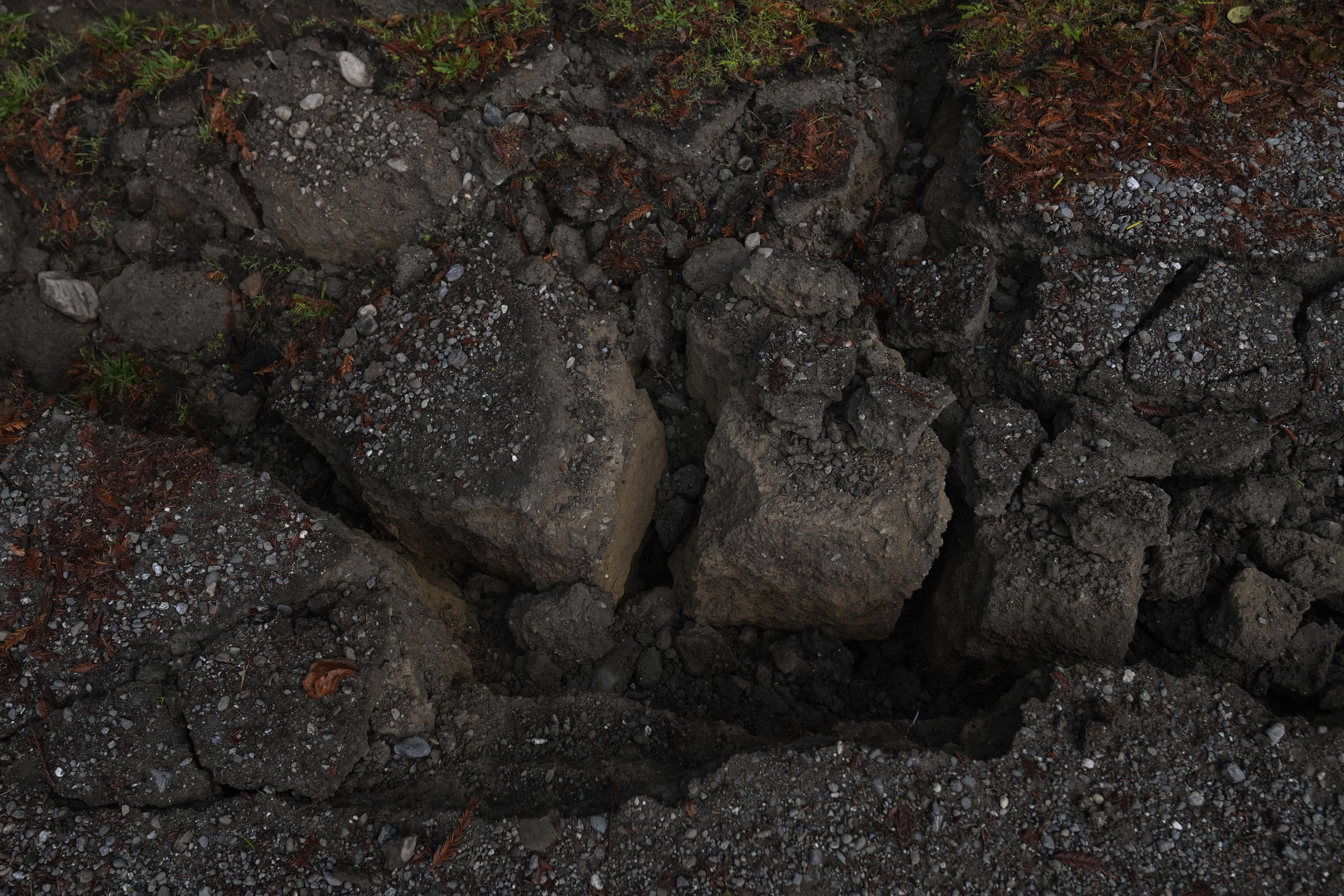 Cracks on a road are seen after Thursday's 7.0 earthquake Friday, Dec. 6, 2024, in Humboldt County, Calif. (AP Photo/Godofredo A. Vásquez)