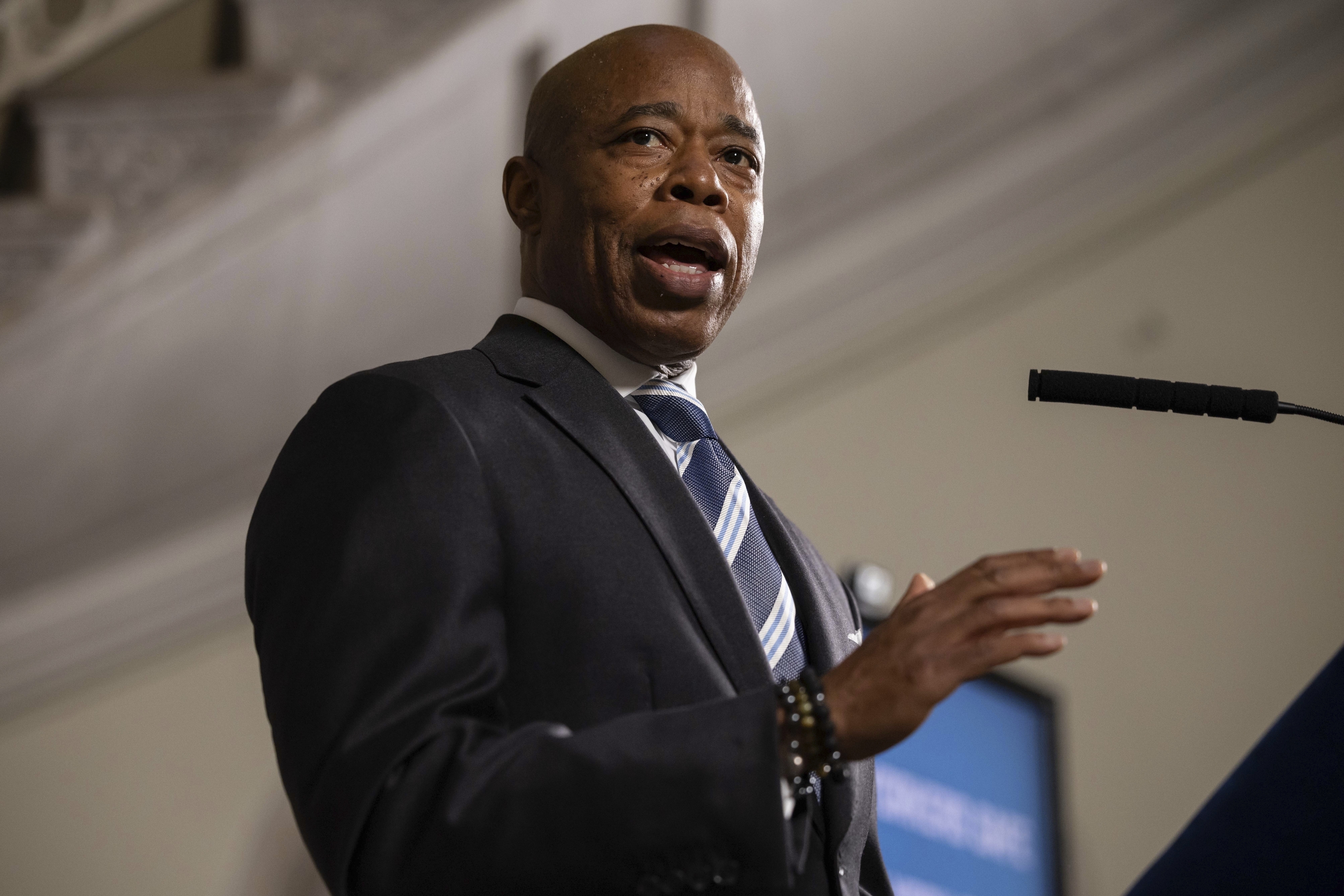 FILE - New York City Mayor Eric Adams speaks during a press conference at City Hall, Tuesday, Oct. 8, 2024, in New York. (AP Photo/Yuki Iwamura, File)