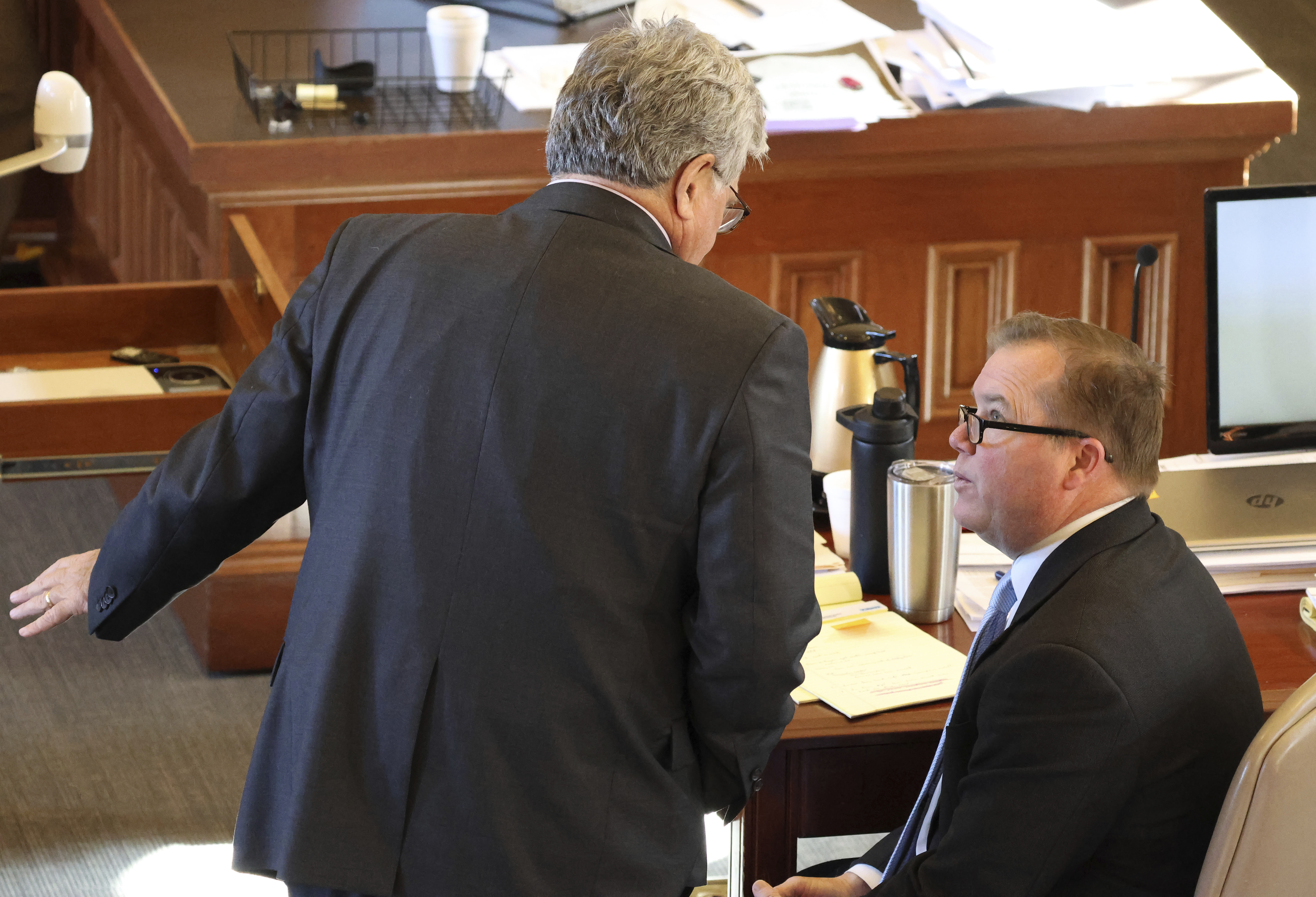 Defense attorney Kevin Horan, left, and District Attorney Ben Creekmore speak before the capital murder trial of Sheldon Timothy Herrington Jr., who is charged in the 2022 death of University of Mississippi student Jimmie "Jay" Lee, in Oxford, Miss., Friday, Dec. 6, 2024. (Antonella Rescigno/The Daily Mississippian via AP, Pool)