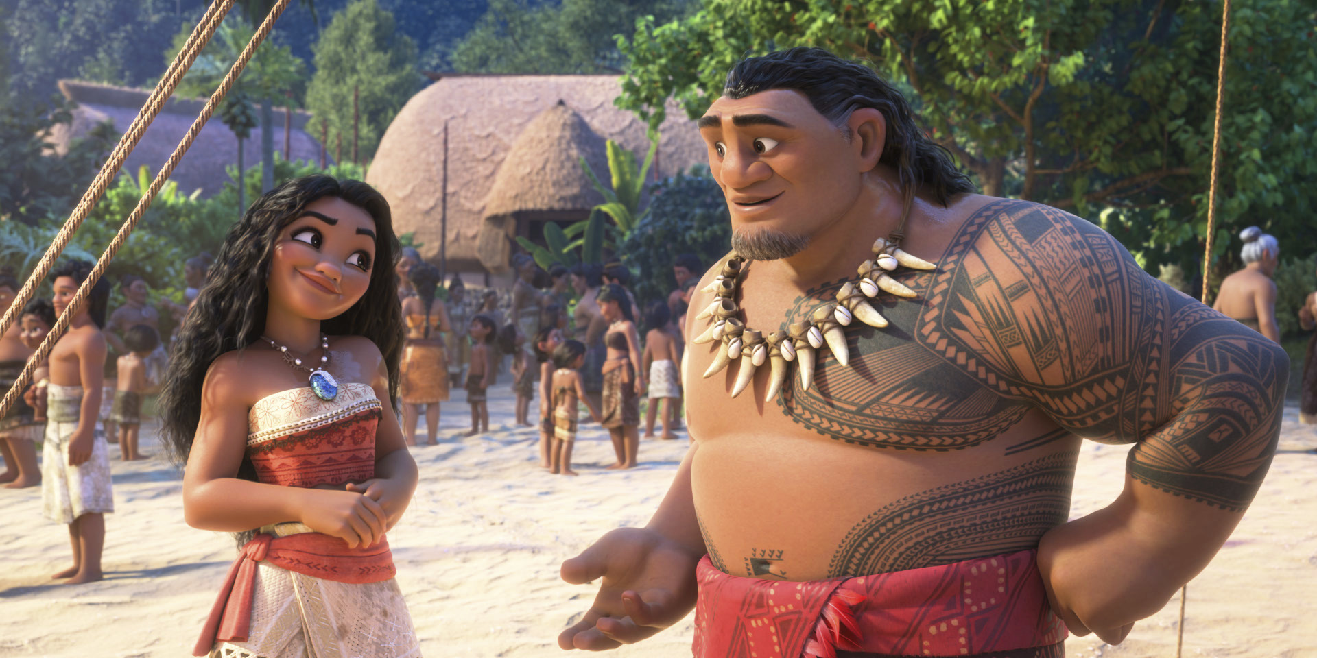 This image released by Disney shows the characters Moana, voiced by Auli'i Cravalho, left, and Chief Tui, voiced by Temuera Morrison, in a scene from "Moana 2." (Disney via AP)