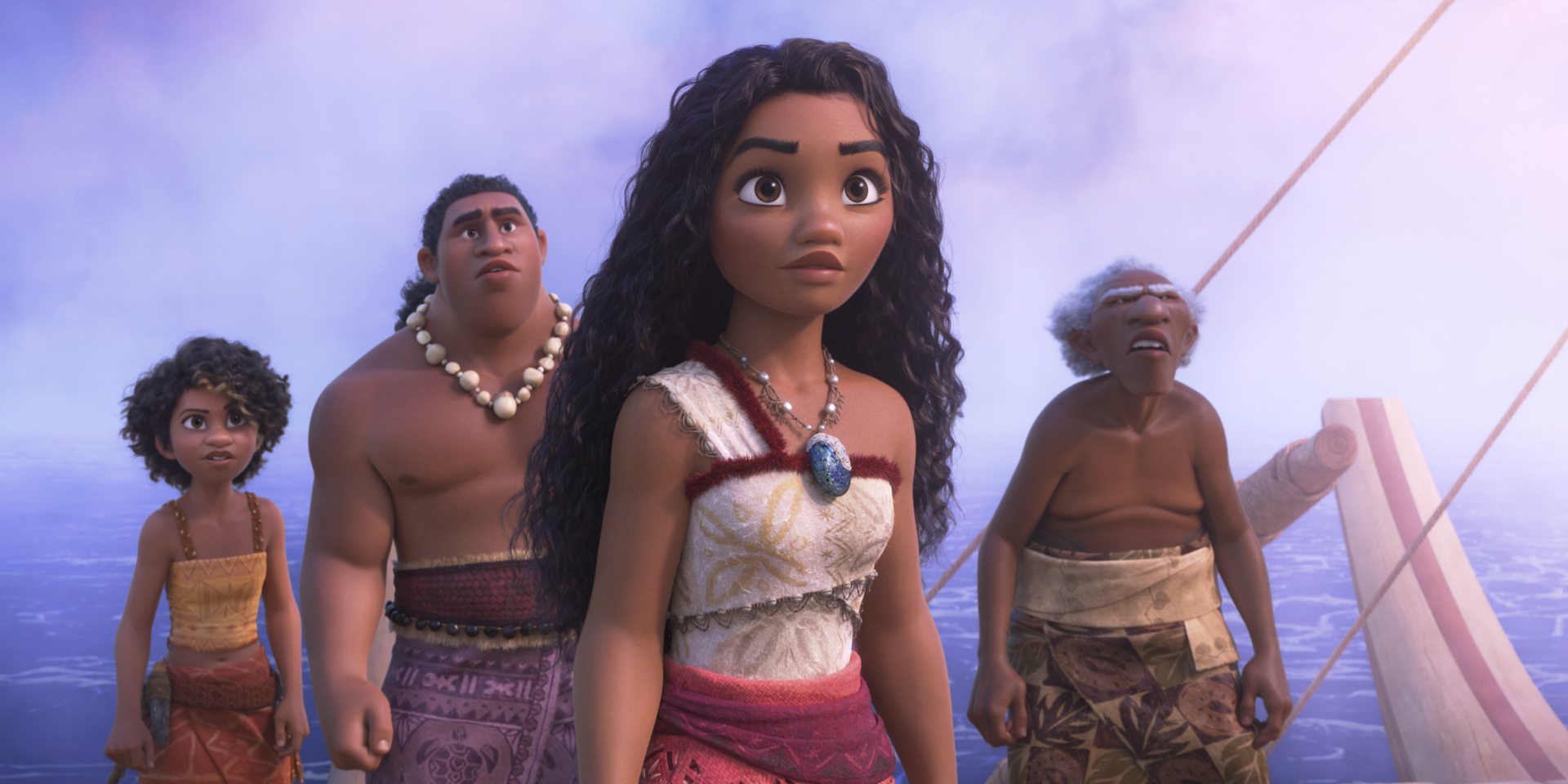 This image released by Disney shows the character Moana, voiced by Auli'i Cravalho, center, in a scene from "Moana 2." (Disney via AP)