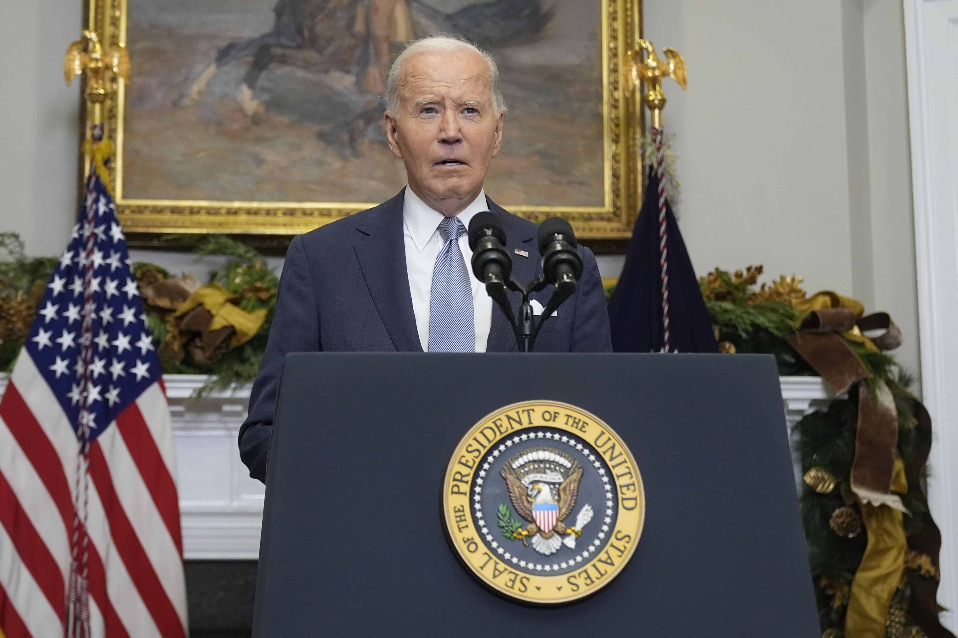 President Joe Biden speaks about the sudden collapse of the Syrian government under Bashar Assad from the Roosevelt Room at the White House in Washington, Sunday, Dec. 8, 2024. (AP Photo/Manuel Balce Ceneta)