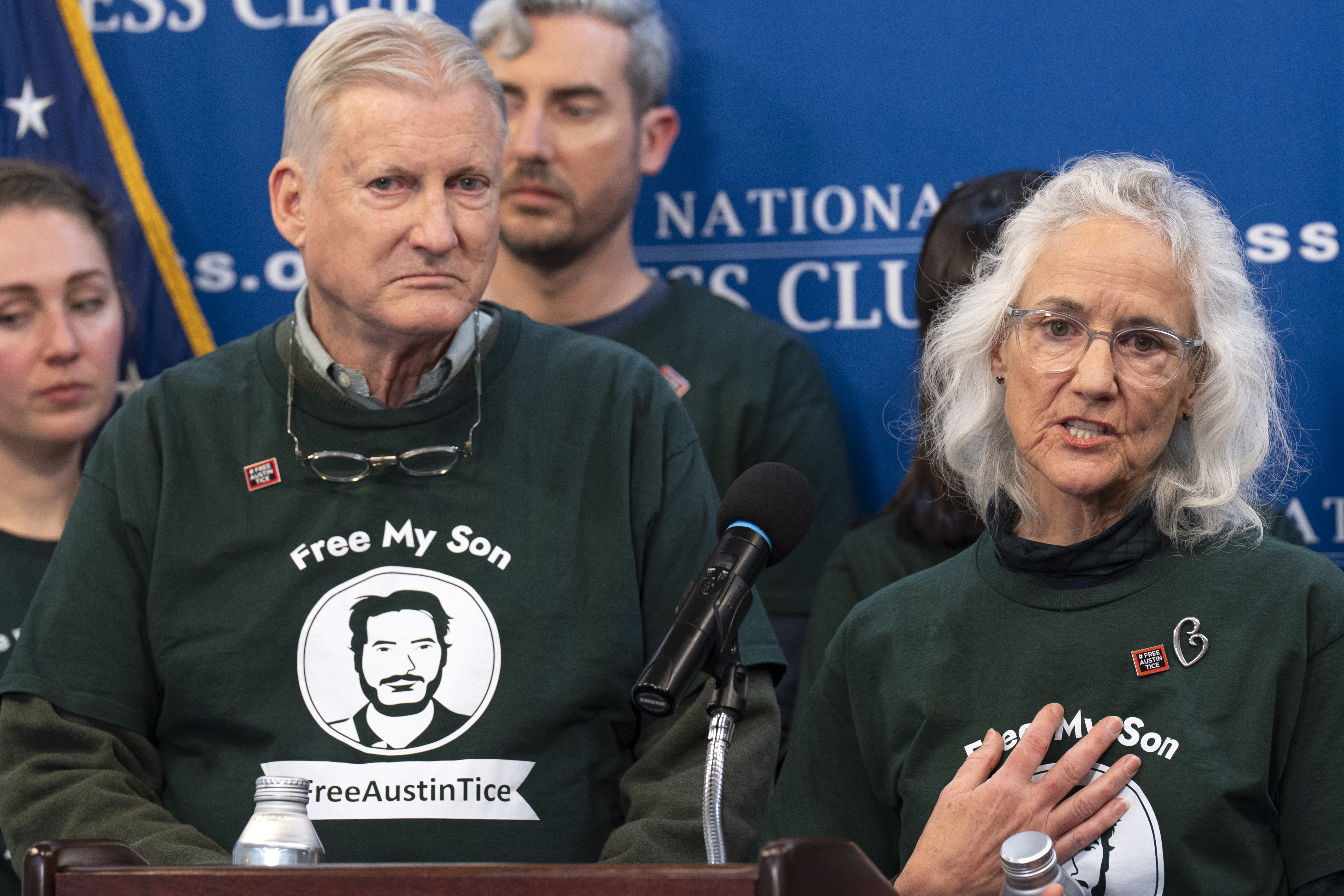 Marc Tice, left, and Debra Tice, the parents of Austin Tice, a journalist who was kidnapped in Syria, update the media about their son's condition as they continue to push for his release, Friday, Dec. 6, 2024, during a news conference at the National Press Club in Washington. (AP Photo/Jacquelyn Martin)