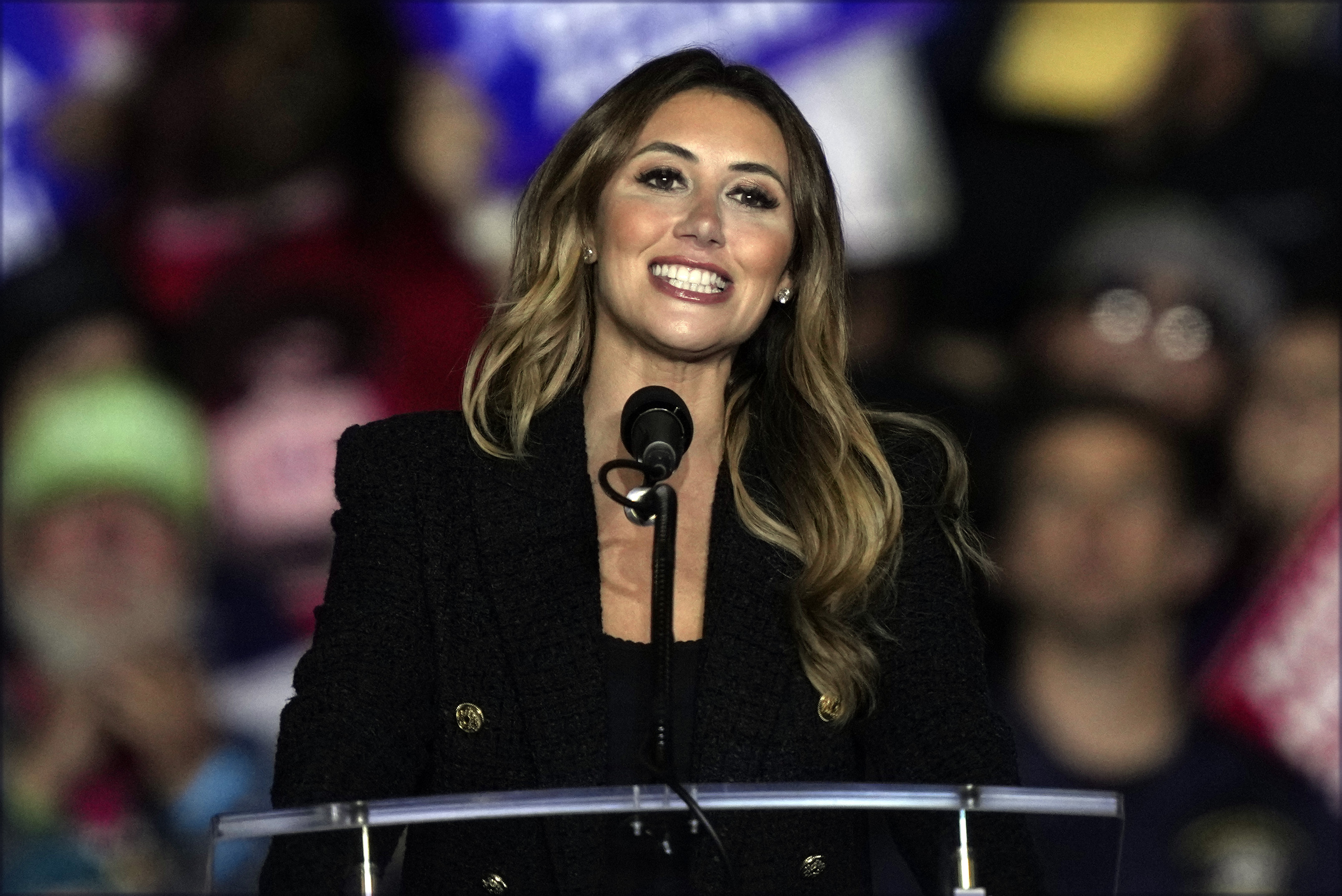 FILE - Alina Habba speaks before Republican presidential nominee former President Donald Trump at a campaign rally in Allentown, Pa., Tuesday, Oct. 29, 2024. (AP Photo/Matt Rourke, File)