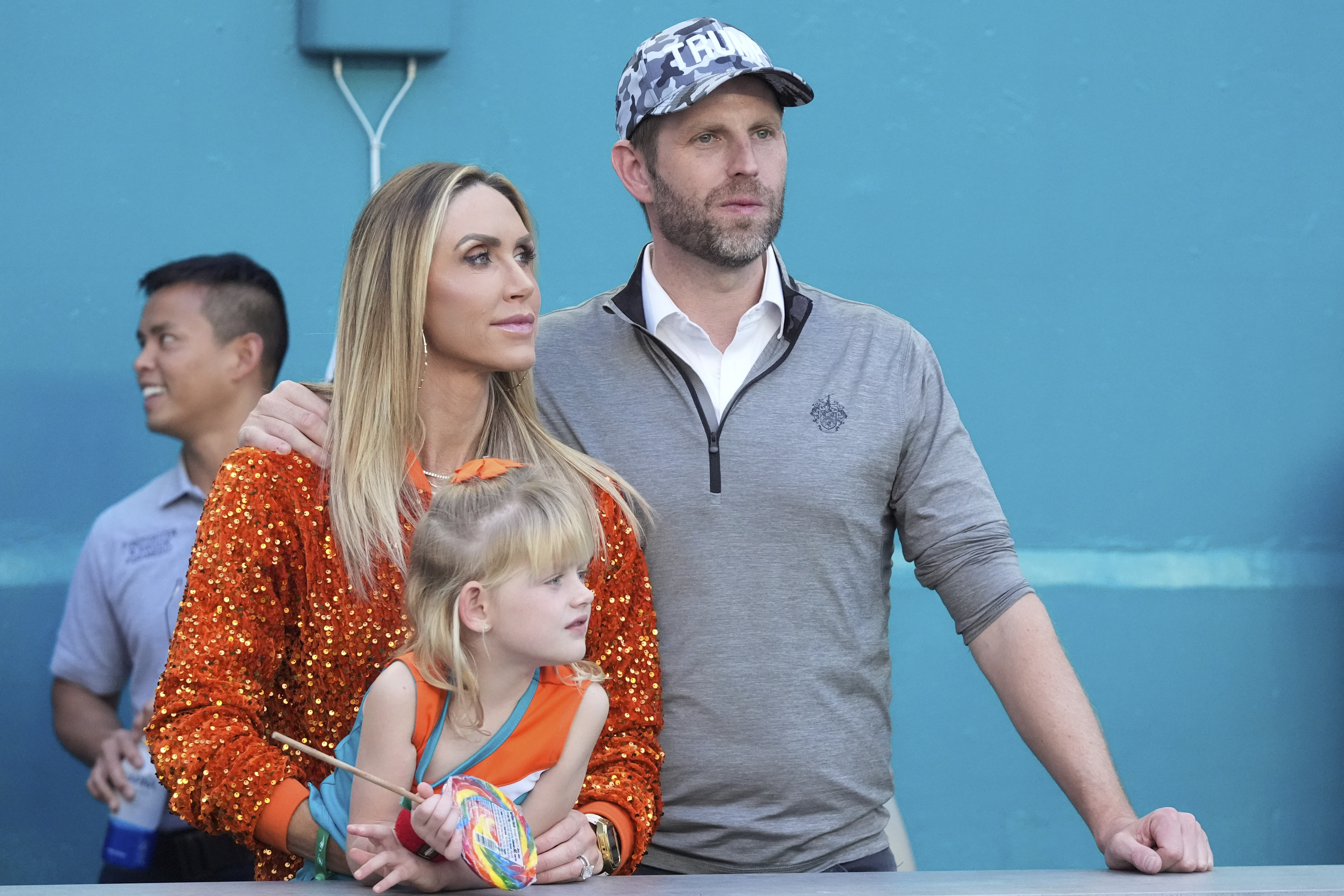 Eric and Lara Trump watch the second half of an NFL football game between the Miami Dolphins and the New England Patriots, Sunday, Nov. 24, 2024, in Miami Gardens, Fla. (AP Photo/Wilfredo Lee) (AP Photo/Wilfredo Lee)