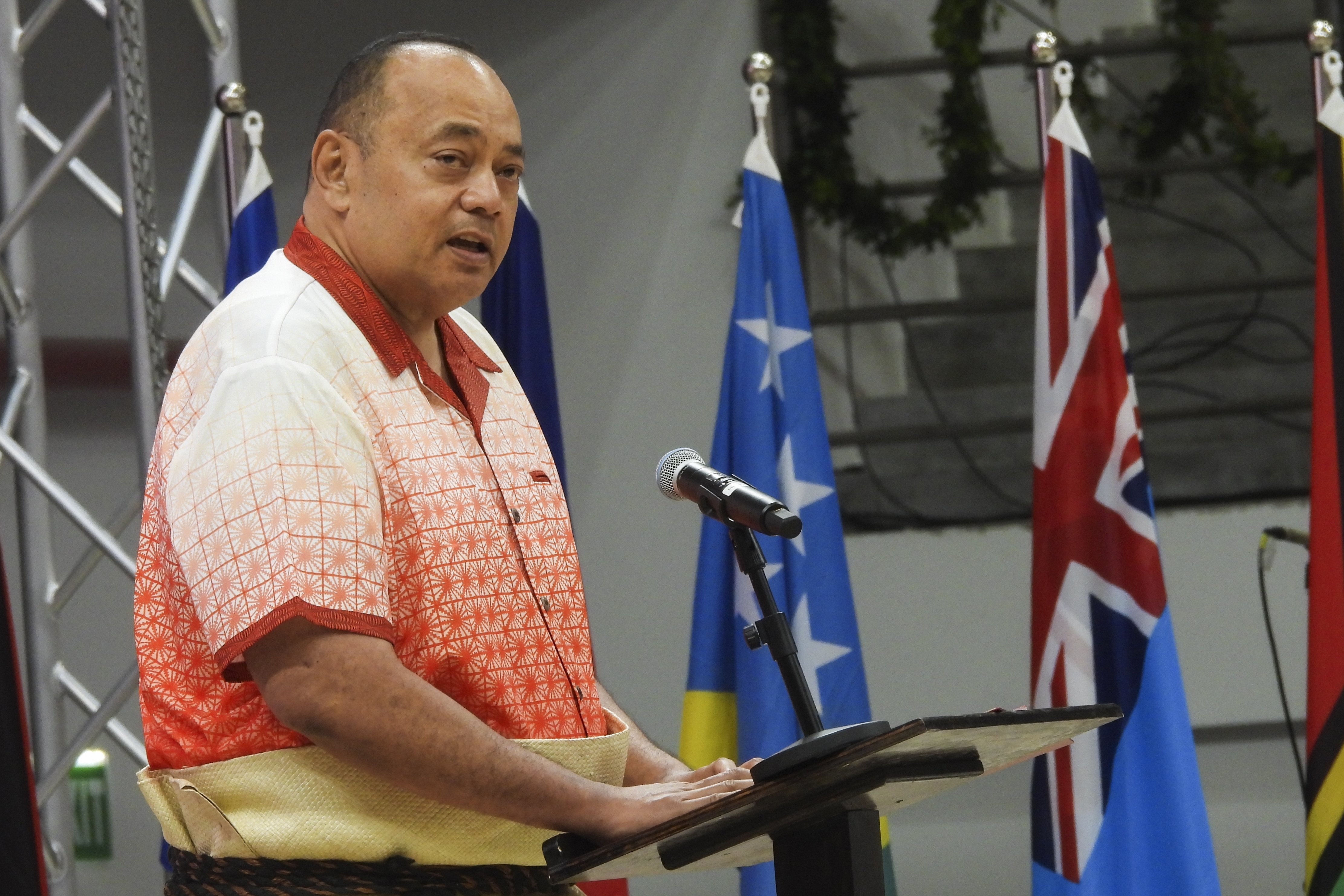 Tongan Prime Minister Hu'akavameiliku Siaosi Sovaleni speaks at the Pacific Islands Forum Leaders' Meeting in Nuku'alofa, Tonga on Aug. 26 2024. (AP Photo/Charlotte Graham-McLay)