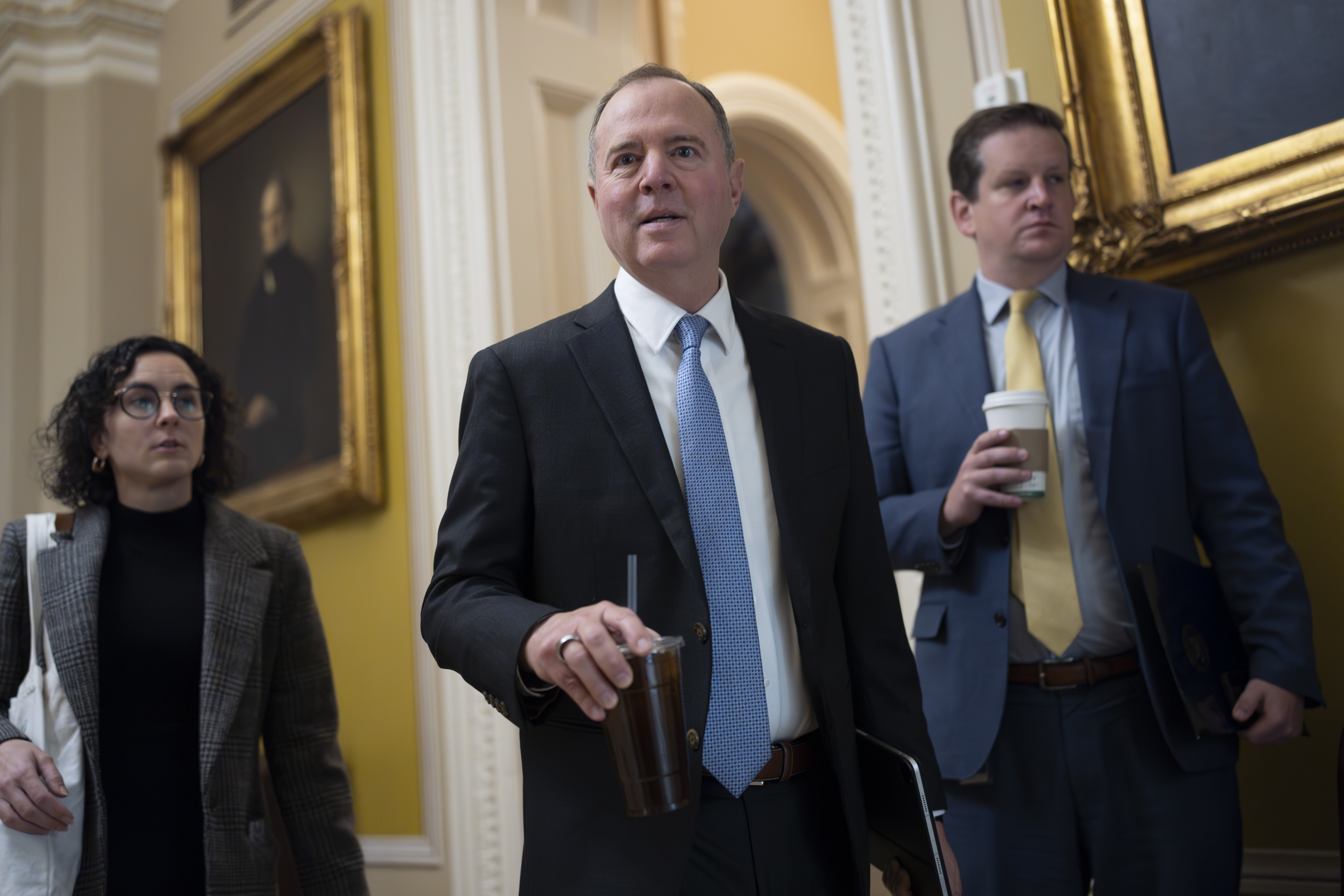 Sen.-elect Adam Schiff, D-Calif., arrives to meet with fellow Democrats for caucus leadership elections, at the Capitol in Washington, Tuesday, Dec. 3, 2024. (AP Photo/J. Scott Applewhite)