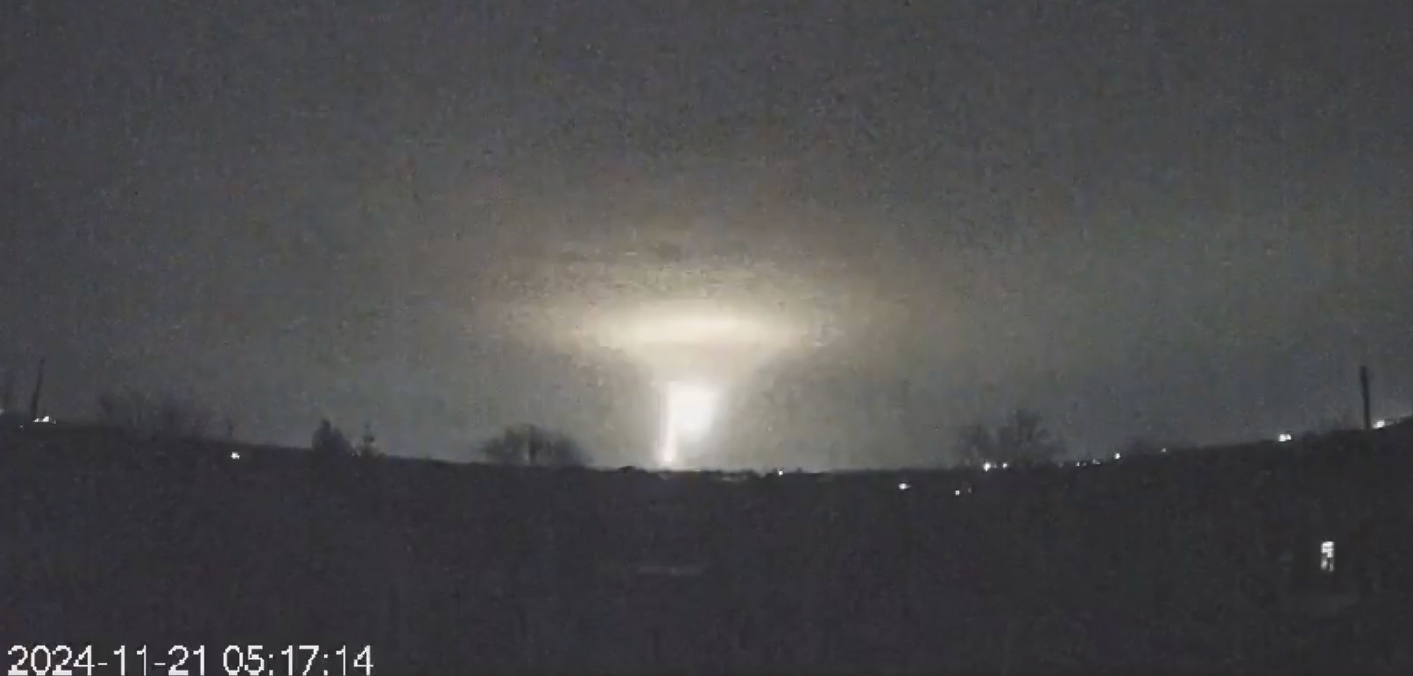 FILE - This image made from a video provided by the Come Back Alive Foundation shows lights in the sky during a Russian missile attack on a factory in the city of Dnipro, Ukraine, on Nov. 21, 2024. (Ukrainian Emergency Service via AP, File)