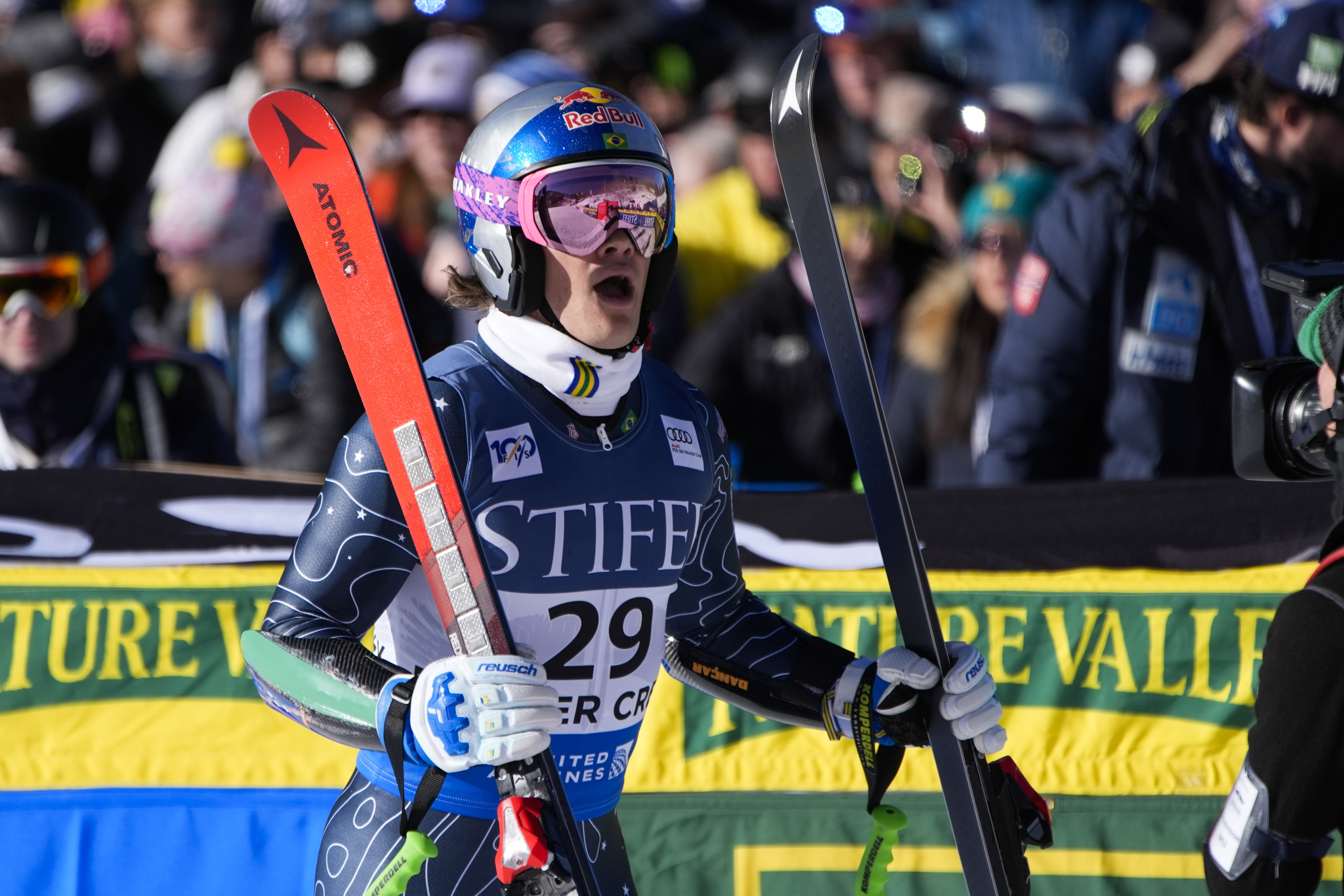 Brazil's Lucas Pinheiro Braathen reacts after competing in a men's World Cup giant slalom skiing race, Sunday, Dec. 8, 2024, in Beaver Creek. (AP Photo/John Locher)