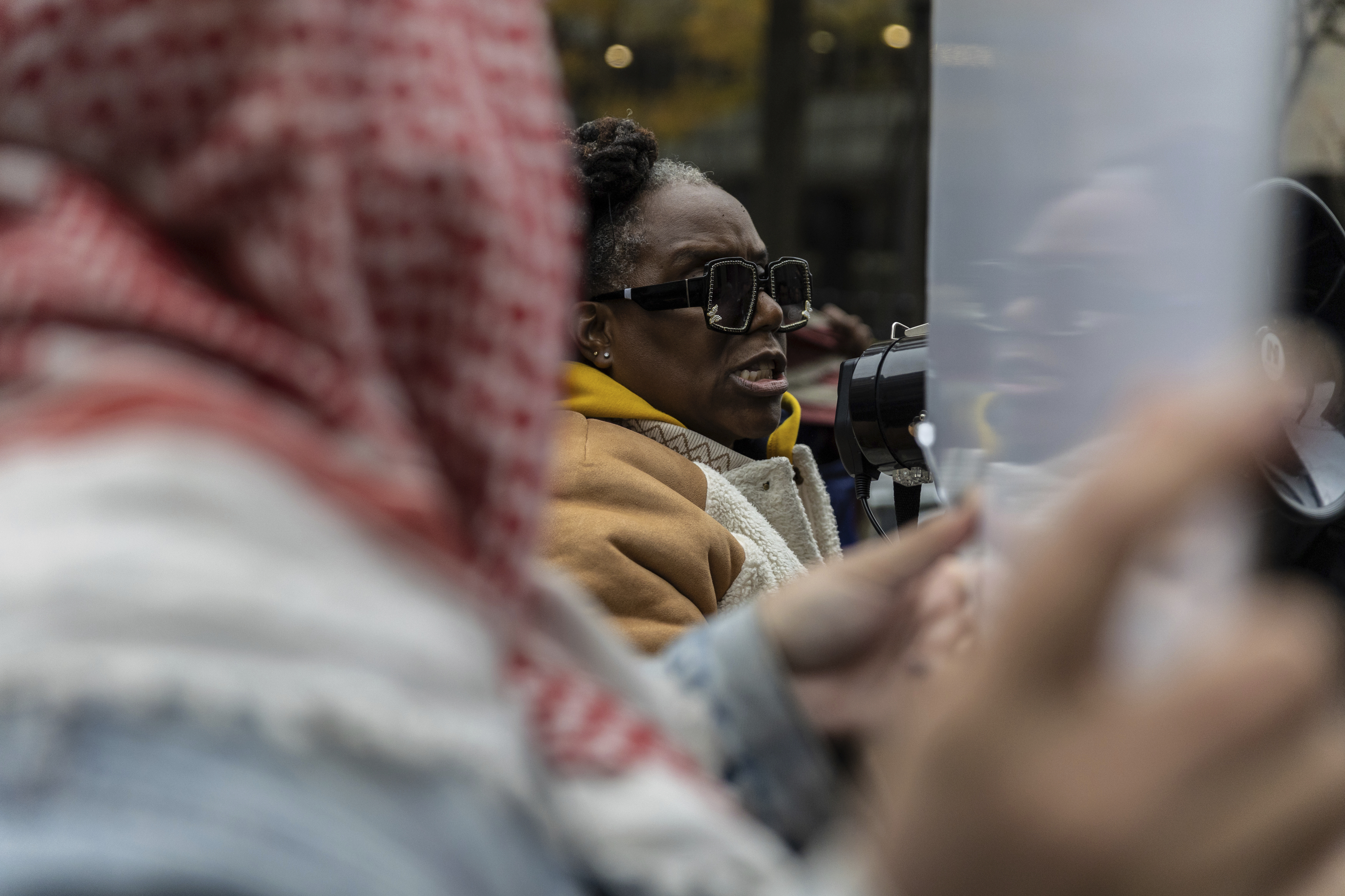 A person protests the not guilty verdict of Daniel Penny outside the criminal court, Monday, Dec. 9, 2024, in New York. (AP Photo/Stefan Jeremiah)