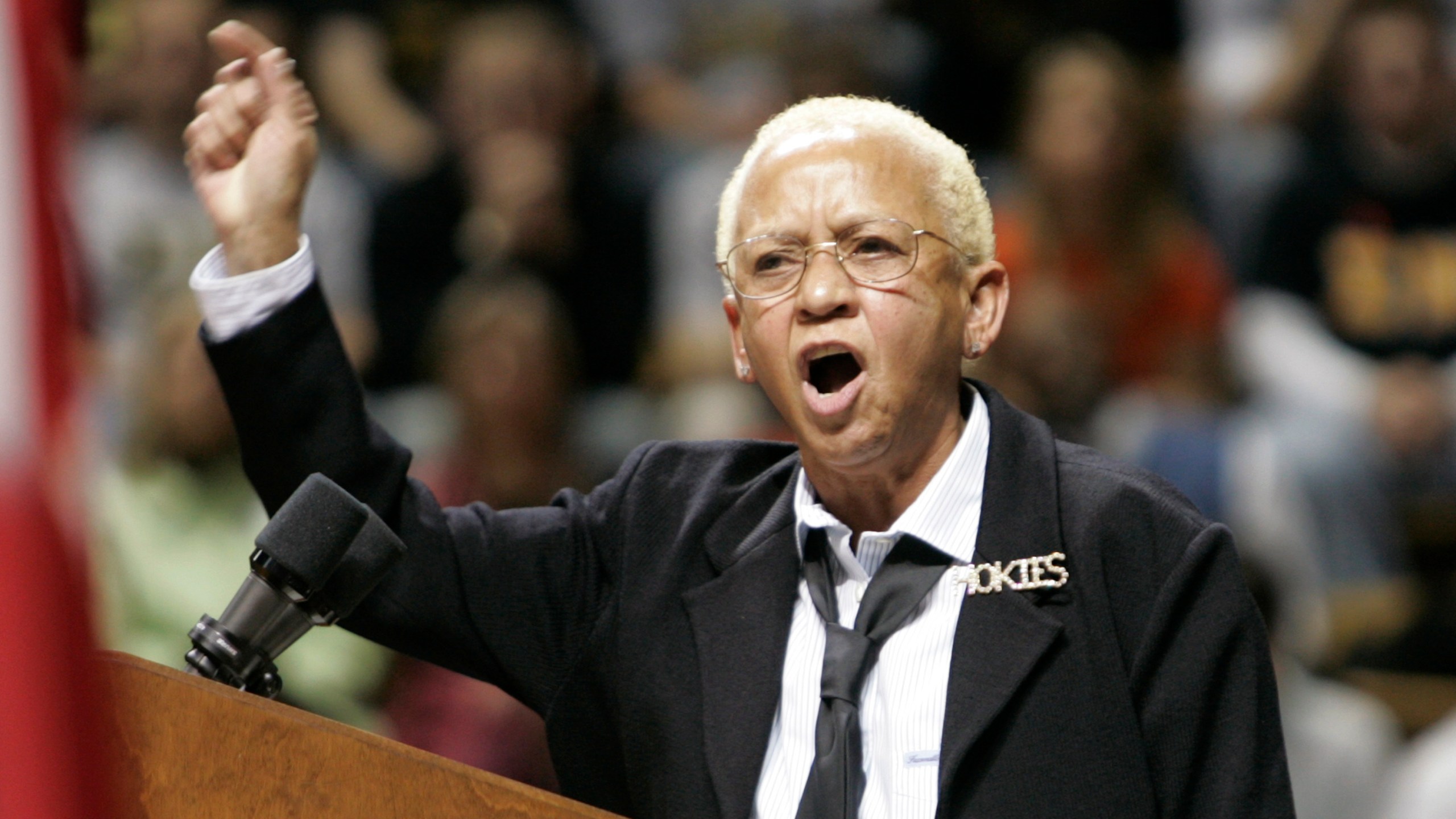 FILE - Virginia Tech English Professor, Nikki Giovanni speaks closing remarks at a convocation to honor the victims of a shooting rampage at Virginia Tech in Blacksburg, Va., on April 17, 2007. (AP Photo/Steve Helber, File)