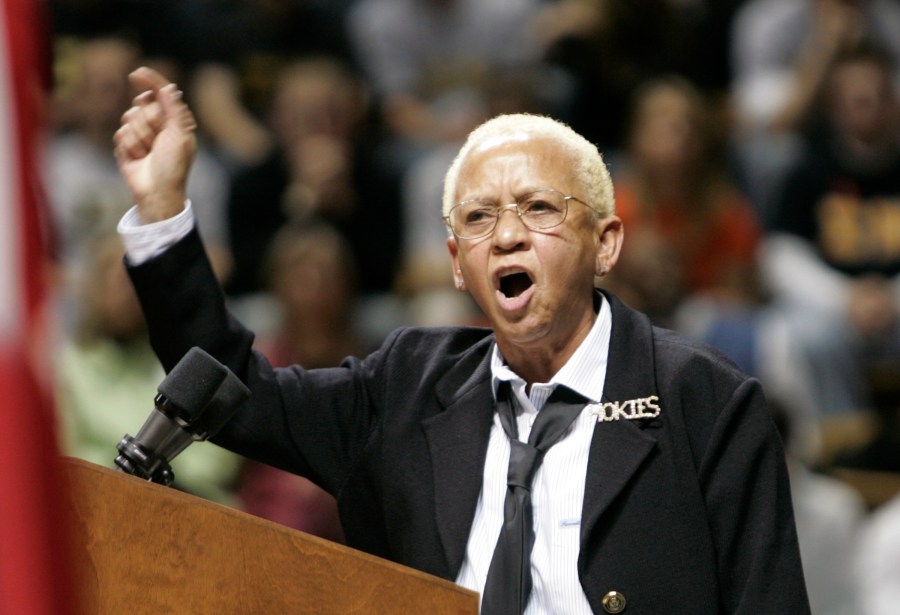 FILE - Virginia Tech English Professor, Nikki Giovanni speaks closing remarks at a convocation to honor the victims of a shooting rampage at Virginia Tech in Blacksburg, Va., on April 17, 2007. (AP Photo/Steve Helber, File)