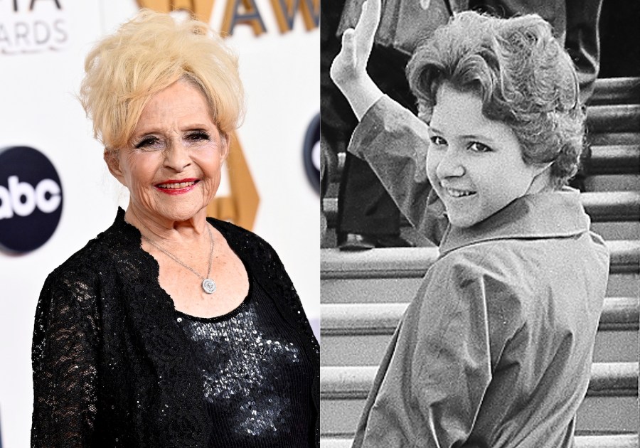 This combination of images shows singer Brenda Lee at the 57th Annual CMA Awards on Nov. 8, 2023, in Nashville, Tenn., and Brenda Lee at fourteen, in London on April 5, 1959. (AP Photo)