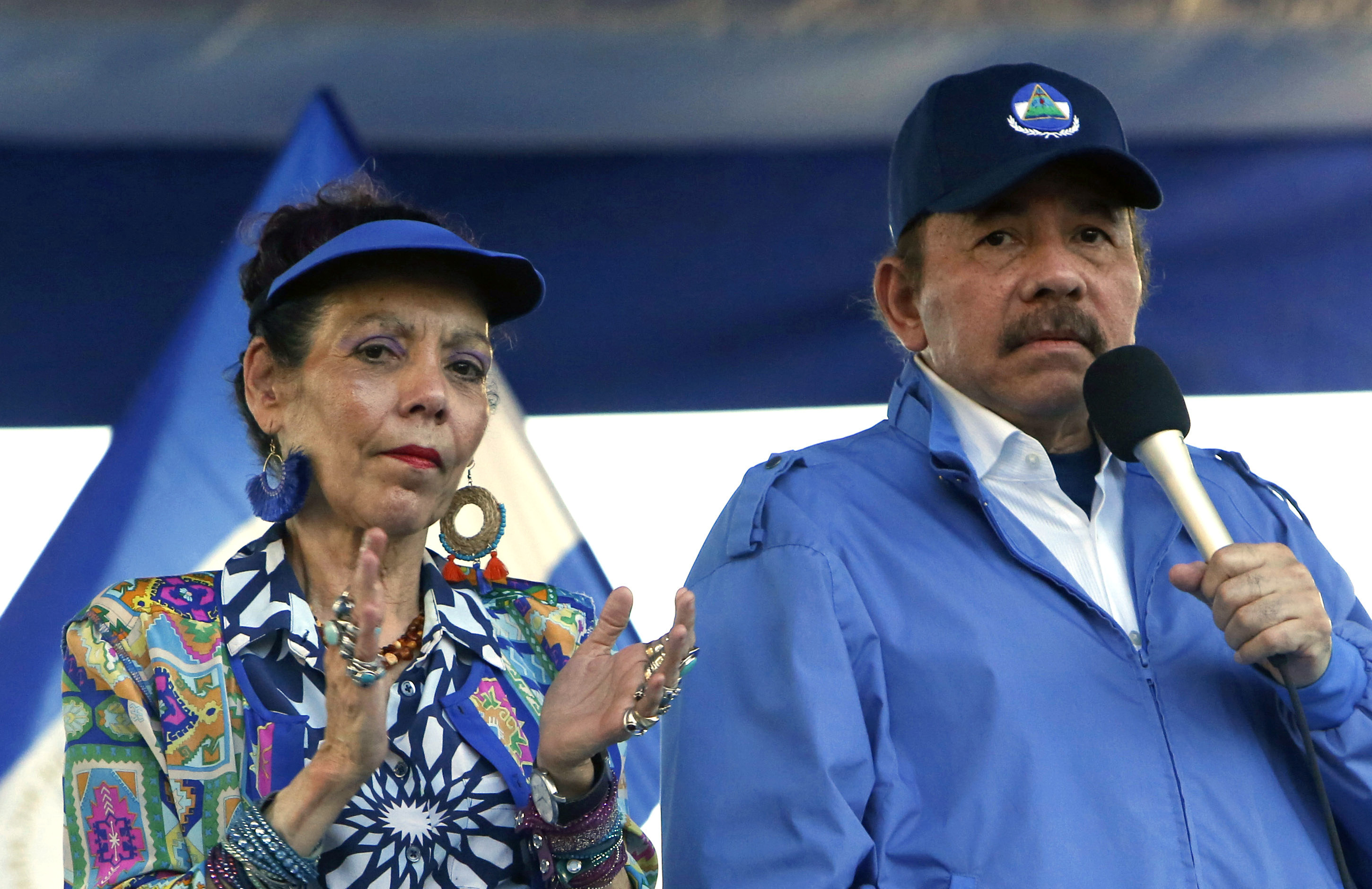 FILE - In this Sept. 5, 2018 file photo, Nicaragua's President Daniel Ortega and his wife, Vice President Rosario Murillo, lead a rally in Managua, Nicaragua. (AP Photo/Alfredo Zuniga, File)