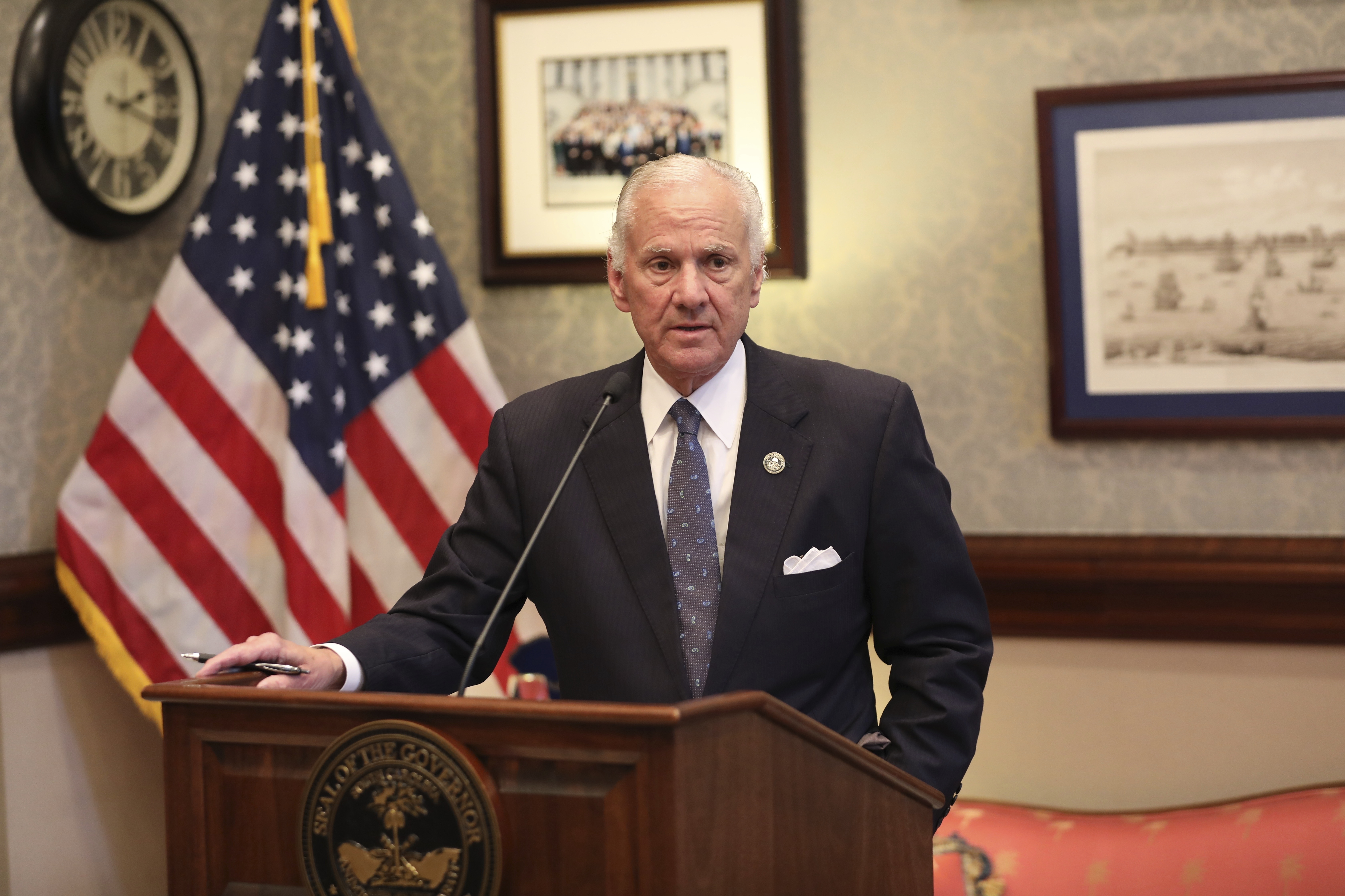 FILE - South Carolina Gov. Henry McMaster answers questions about the 2024 General Assembly's session at a news conference on Monday, May 13, 2024, in Columbia, S.C. (AP Photo/Jeffrey Collins, File)