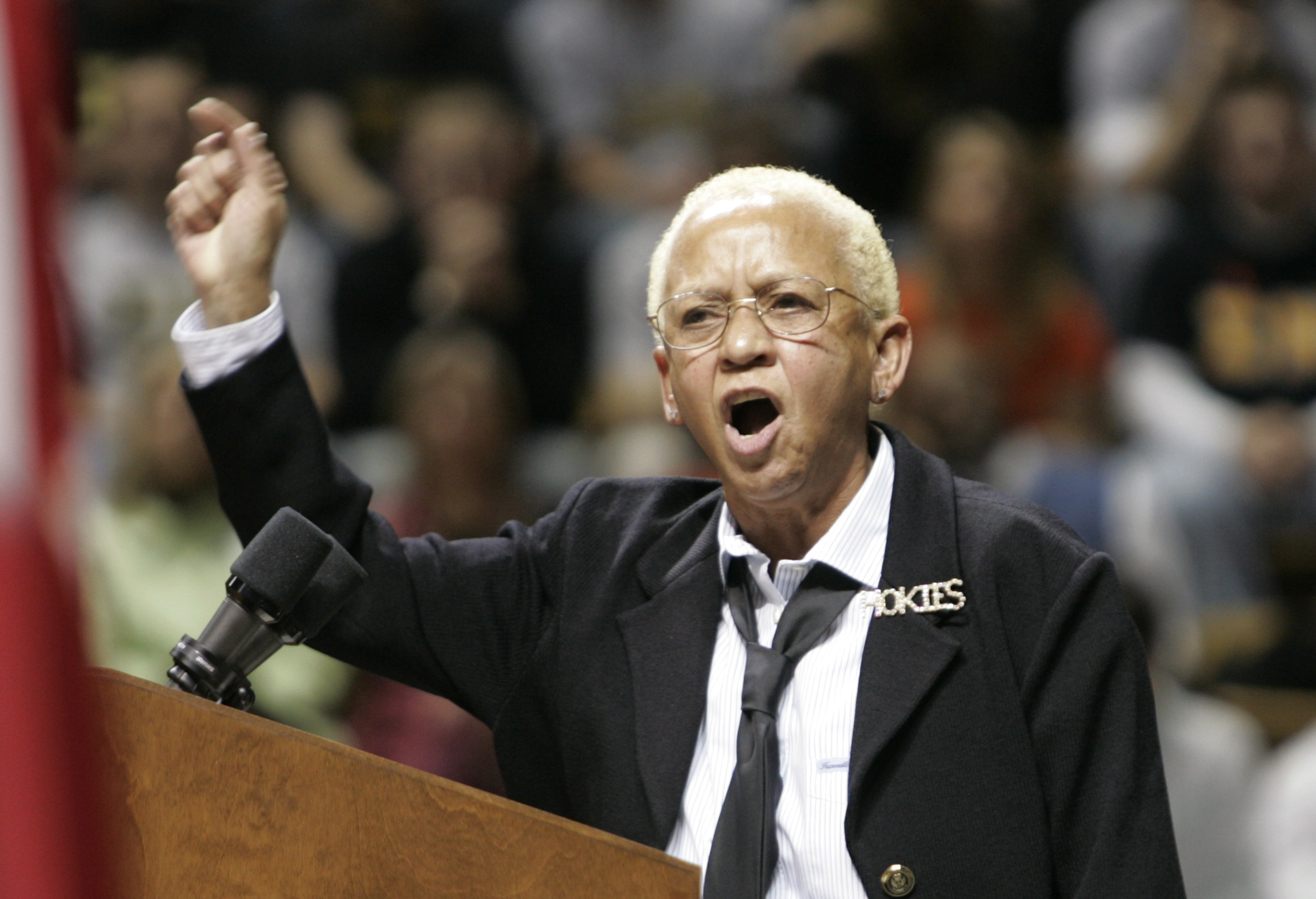 FILE - Virginia Tech English Professor, Nikki Giovanni speaks closing remarks at a convocation to honor the victims of a shooting rampage at Virginia Tech in Blacksburg, Va., on April 17, 2007. (AP Photo/Steve Helber, File)